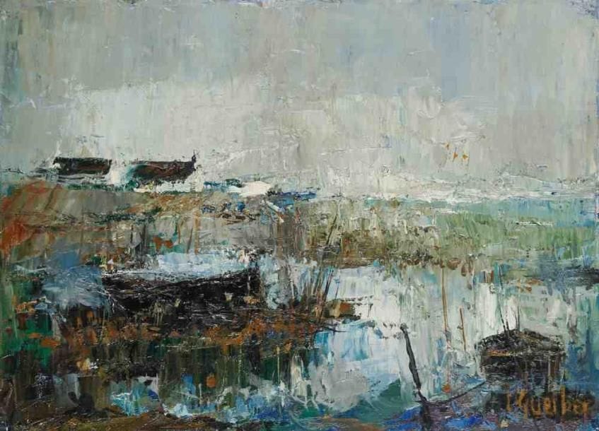 Lucien GUERBER Né en 1920
Brière Huile sur toile. Signée en bas à droite et signée et titrée au dos sur le chassis. 24.50 x 33 cm