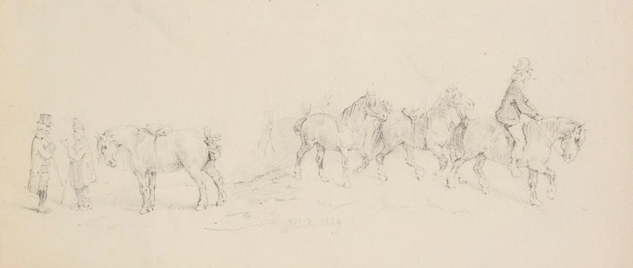 Jean Baptiste BERGER de XIVREY (actif en France au XIXe siècle)
Cavaliers, chevaux et promeneurs Crayon noir 10 x 23,5 cm Monogrammé et daté en bas J. B. X 1829