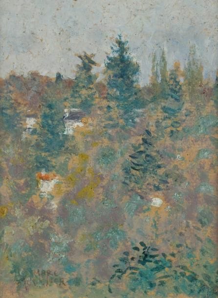 Marc MOUCLIER (1866-1948)
Paysage aux sapins Huile sur carton. Signée en bas à gauche. H: 17.50 x L: 12.50 cm