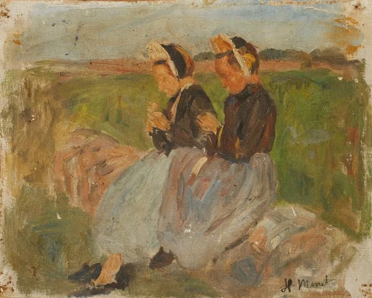 J. P. MONET
Bretonnes Huile sur toile contrecollée sur panneau. Signée en bas à droite. (accidents et manques). H: 19 x L: 24 cm