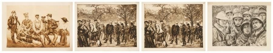 Paul RENOUARD (1845-1924)
Les soldats ou blessés de la Guerre Eau-forte ou lithographie (4) Signées, certaines titrées. Rousseurs et humidité. Quelques accidents en bordures. En feuilles.