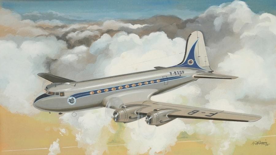 Robert ROQUIN (XXe siècle)
Avion de ligne - Air France, 1951 Gouache. Signée et datée en bas à droite. H: 27 x L: 47.50 cm