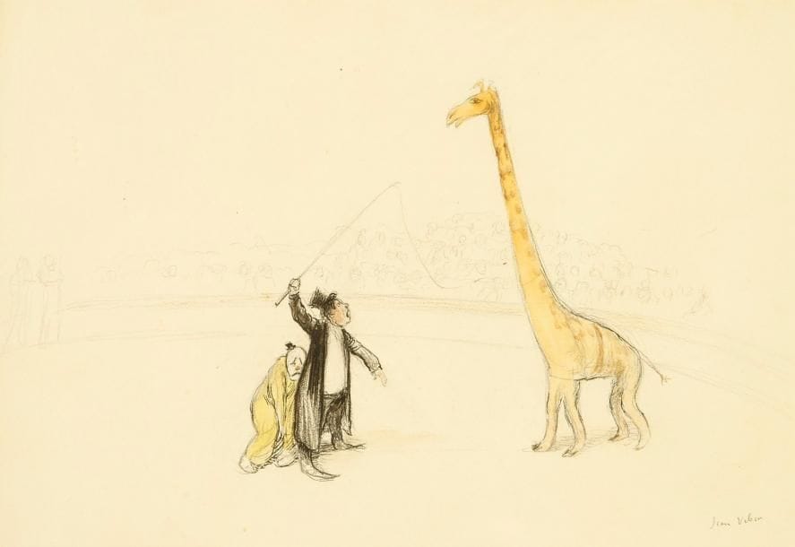 Jean VEBER (1868-1928)
Le cirque, clowns et girafe Aquarelle, encre et crayon. H: 20 x L: 28.50 cm