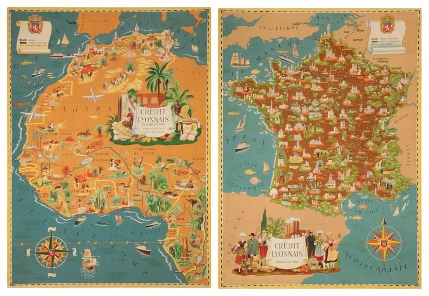 Lucien BOUCHER (1889-1971)
France-Afrique du Nord Deux affiches pour le Crédit Lyonnais. Signées en bas à droite Imprimerie Perceval, Paris. 104 x 74 chaque.