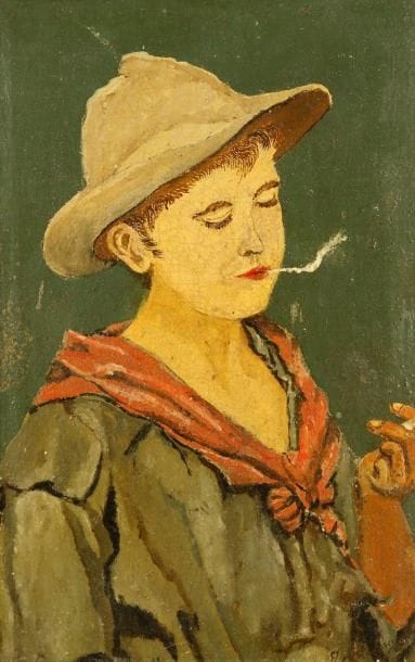 ZURBRÛGG
Le jeune scout à la cigarette, 1926 Huile sur toile. Signée en bas à droite. Signée et datée au dos. H: 25 x L: 17 cm