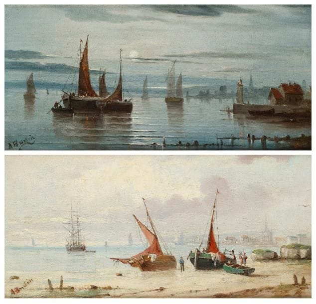 Amélie BURDIN (1824-?)
Marine Deux huiles sur toile. Signées en bas à gauche. (restaurations et rentoilage à l'une) 18 x 39 cm chaque.