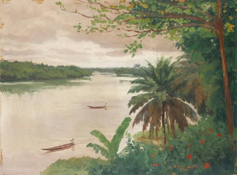 Christian COUILLAUD (1904-1964)
Paysage du Cameroun Huile sur panneau. Signée et située en bas à droite (petits manques de peinture sur les bords) H: 46 x L: 61 cm