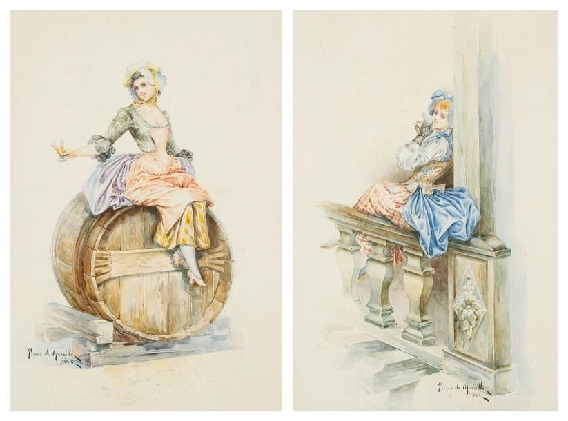 Marcillo DE TORRES (XIXe siècle)
Jeune femme au balcon - Jeune femme au tonneau Aquarelles. Signées et situées Paris. 35.5 x 23.5 cm chaque. Oxydations.