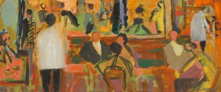 Roger DERIEUX (né en 1922)
Au café Huile sur papier. Signée en bas à droite. 20.50 x 48 cm