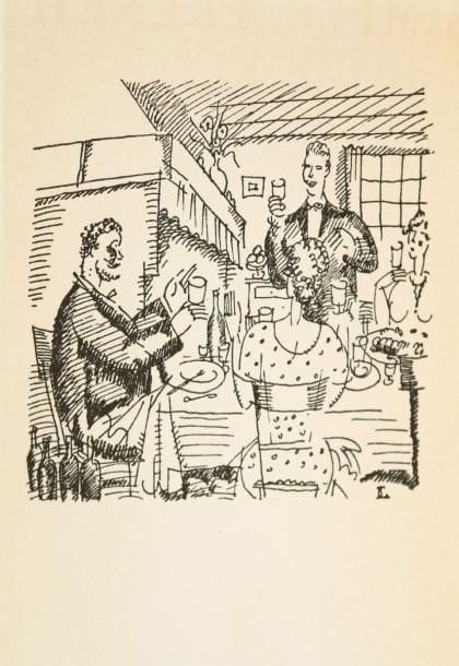 LABOUREUR - BOULESTIN (X. Marcel). Simple french cooking for English homes. London: William Heinemann, 1923. - In-12, front., viii pp., (2 ff.), 120 pp., 1 pl. Toile jaune glacée d'éditeur, sous jaquette illustrée. Édition originale. UN DES 20 EXEMPLAIRES SUR PAPIER VÉLIN FORT, seul tirage sur grand papier, NUMÉROTÉS ET SIGNÉS PAR L'AUTEUR, ET ORNÉS D'UN FRONTISPICE SPÉCIAL DE LABOUREUR. Ce frontispice représente deux couples portant un toast. L'illustration en couleurs que l'on trouve en frontispice des exemplaires ordinaires figure ici entre les pages 6 et 7. Cette même illustration est répétée sur la jaquette.Exemplaire enrichi d'une coupure de presse en anglais portant sur l'ouvrage et d'une carte de compliments de l'éditeur. Décharge de la serpente sur le titre et le frontispice. - On joint un second exemplaire de ce livre sur papier ordinaire, édition de 1924, enrichi du prospectus de parution et portant de nombreuses ratures et quelques annotations. Ces deux exemplaires proviennent de la bibliothèque de LABOUREUR
