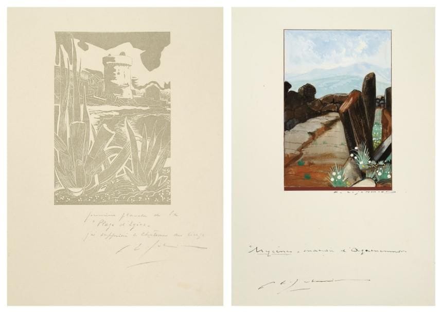 SCHMIED (François-Louis) - MORAND (Paul)
Paysages méditerranéens. Paris: (François-Louis Schmied), 1933. - In-8, 119 pp., (4 ff. dern. bl.), couverture gaufrée. En feuilles, sous chemise et étui d'édition, couverture rempliée. Édition originale de cet ouvrage admirablement conçu par François-Louis SCHMIED (1873-1941), illustrée de 73 compositions dans le texte gravées sur bois avec l'assistance de Théo Schmied, dont 58 en couleurs, montrant merveilleusement les couleurs des paysages orientaux qui plaisaient tant à l'artiste. Tirage à 110 exemplaires numérotés et signés par F.-L. Schmied. EXEMPLAIRE ENRICHI DES ÉLÉMENTS SUIVANTS: - Suite sur japon de 53 des 57 illustrations en couleurs, celle de la page 40 ne comptant pas. - Suite en noir sur japon de 52 bois sur 57 et des 16 vignettes. - 7 FUMÉS UNIQUES justifiés et signés par l'artiste: "fumé unique F. L. S.". - 3 GOUACHES ORIGINALES DE SCHMIED, SIGNÉES PAR L'ARTISTE, dont l'une portant cette note autographe: "Mycènes" manoir d'agrément. F. L. Schmied. Ces 3 originaux n'ont pas été repris dans la publication. - Épreuve sur vélin en gris d'une planche avant retouche, justifiée par l'artiste au crayon: première planche de la "Plage d'Egine", j'ai supprimé le château au tirage. F. L. Schmied. Exemplaire très bien conservé. Haut de l'étui légèrement abîmé