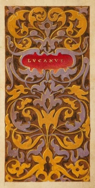 LUCAIN
Lucanus. Venise: Alde, Andrea Soceri, juillet 1515. - In-8, 137 ff. (3 ff.). Maroquin brun janséniste, dos à nerfs, dentelle dorée intérieure, tranches dorées sur marbrure (Ve Niedrée). Seconde édition aldine de La Pharsale de Lucain, copiée sur celle de 1502, imprimée quelques mois après la mort d'Alde l'ancien survenue en février 1515. Elle comprend la même préface à Mauroceno et les mêmes pièces à la fin, dont une vie de Lucain. Renouard indique par erreur 129 ff. (Renouard, 72). Bel exemplaire relié par la veuve Niedrée. La page de titre ainsi que la marque aldine au dernier feuillet ont été enluminées, vraisemblablement au XIXe siècle. On distingue des notes de l'époque dans la marge, qui sont estompées. Ex-libris "Réalmi". Quelques discrètes traces sombres sur les plats