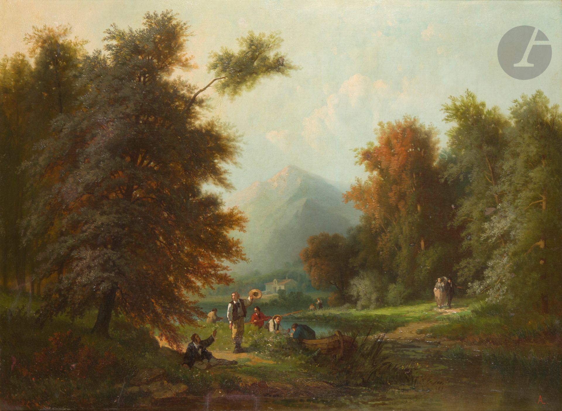 École FRANCAISE du XIXe siècle
Bord de lac animé
Toile
Porte une trace de signature en bas à droite
68 x 92 cm
(Restaurations)