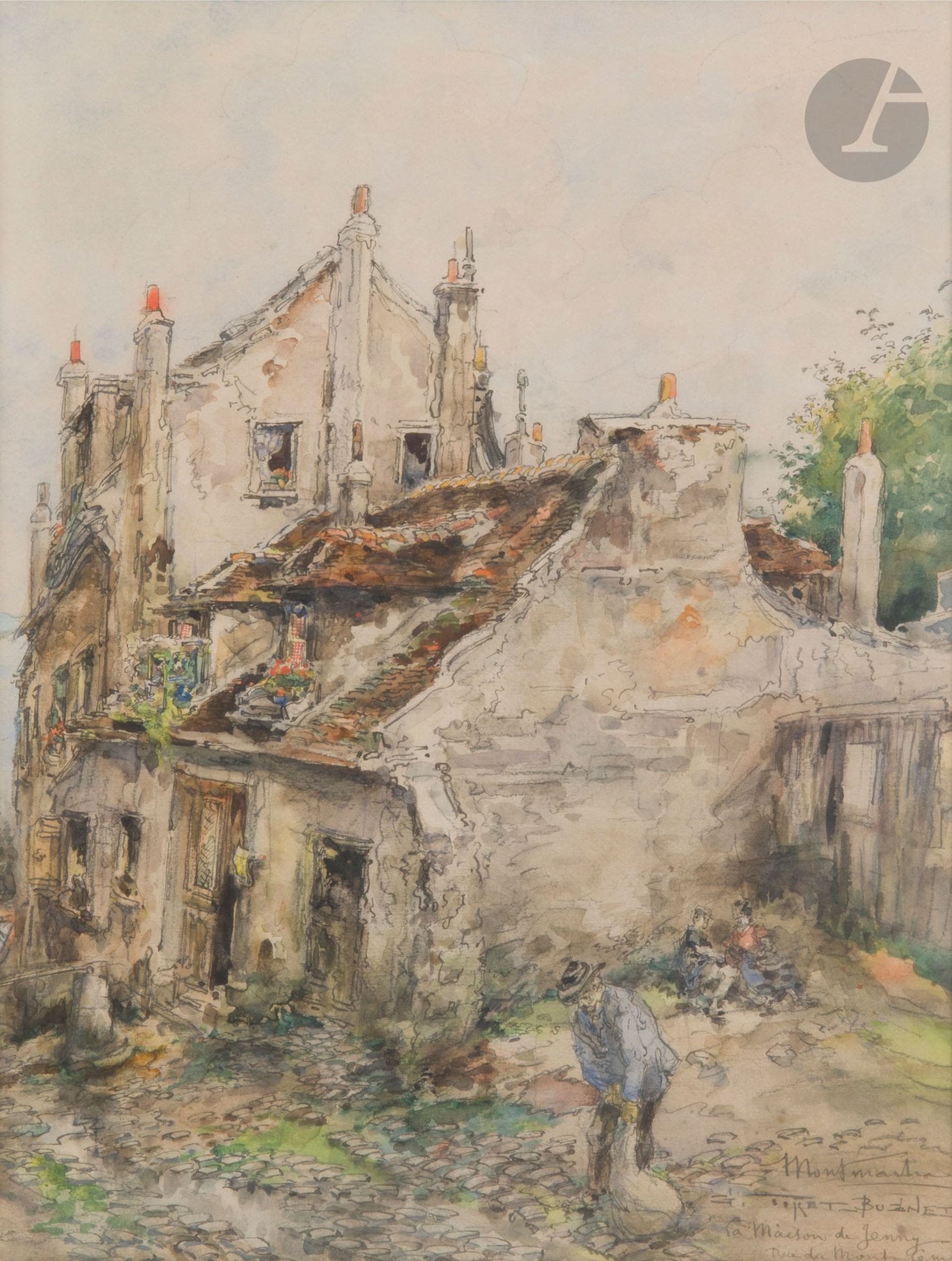 Georges TIRET-BOGNET (1855-1935)
Montmartre : La maison Jenny, rue du Mont Cenis - La maison de Chaume dite d’Henri IV et de la belle Gabrielle, rue Saint-Vincent
2 aquarelles et gouaches sur traits de crayon.
Signées et titrée en bas à droite.
36 x 27 cm chaque