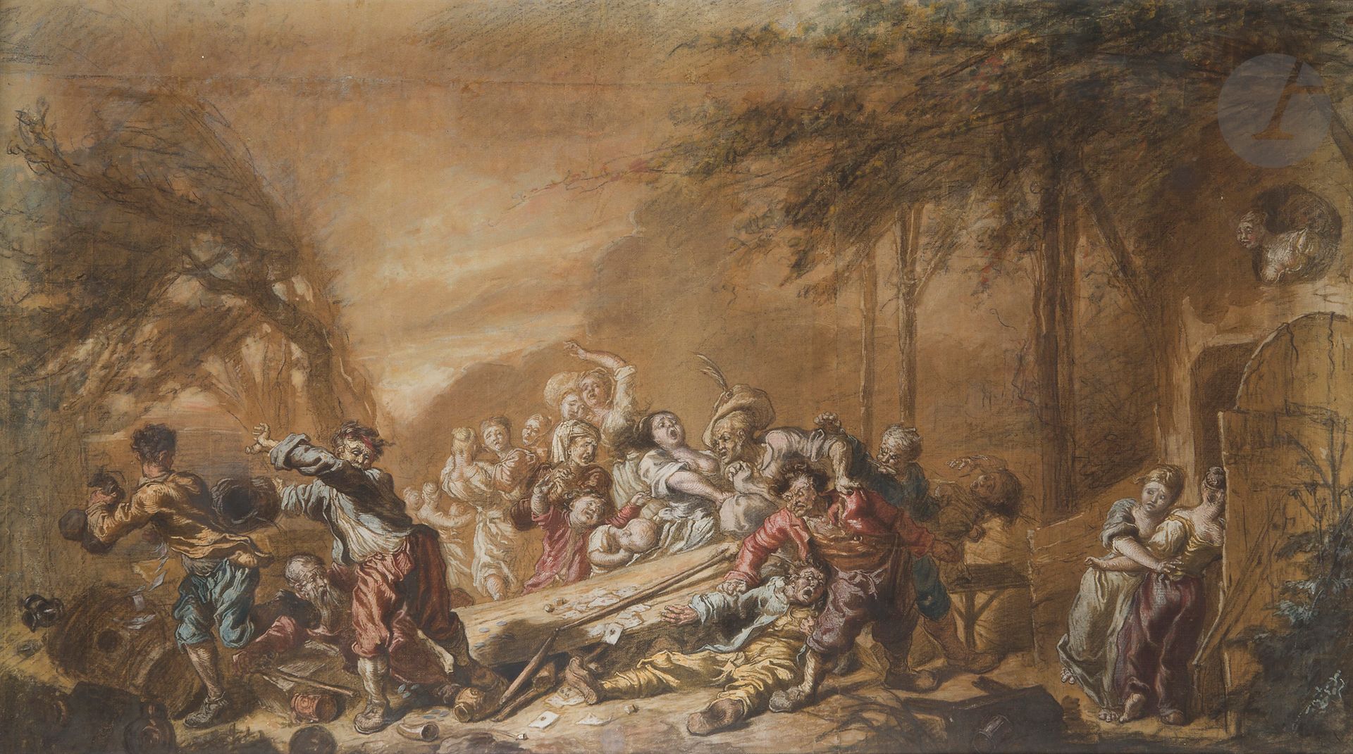 Attributed to Johann Georg WILLE (1715-1808)
The wedding - The card game that goes wrong. 
2 gouaches and black stone on several papers.
(Insolate).
60 x 101 cm each