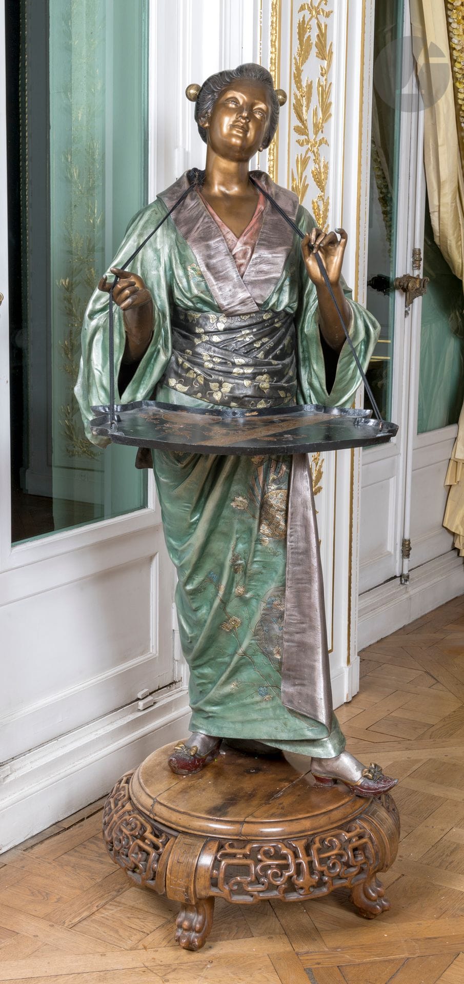 After René Charles Massé (1855-1913)
Asian Woman 
Polychromed regula 
Signed " Ch.Masse sculpt. 
Bears the publisher's mark "Tropendi 
H. 154 cm 
Accessories in the hair disassembled, accidents to the polychromy. 
René Charles Massé trained in modeling with his father and then in ornamental sculpture in the Parisian workshop of Eugène Piat. After a military career, Massé made his debut at the Salon des artistes français in 1888 and received an honorable mention at the 1889 World's Fair. He made orientalist busts and figures published in regule.
