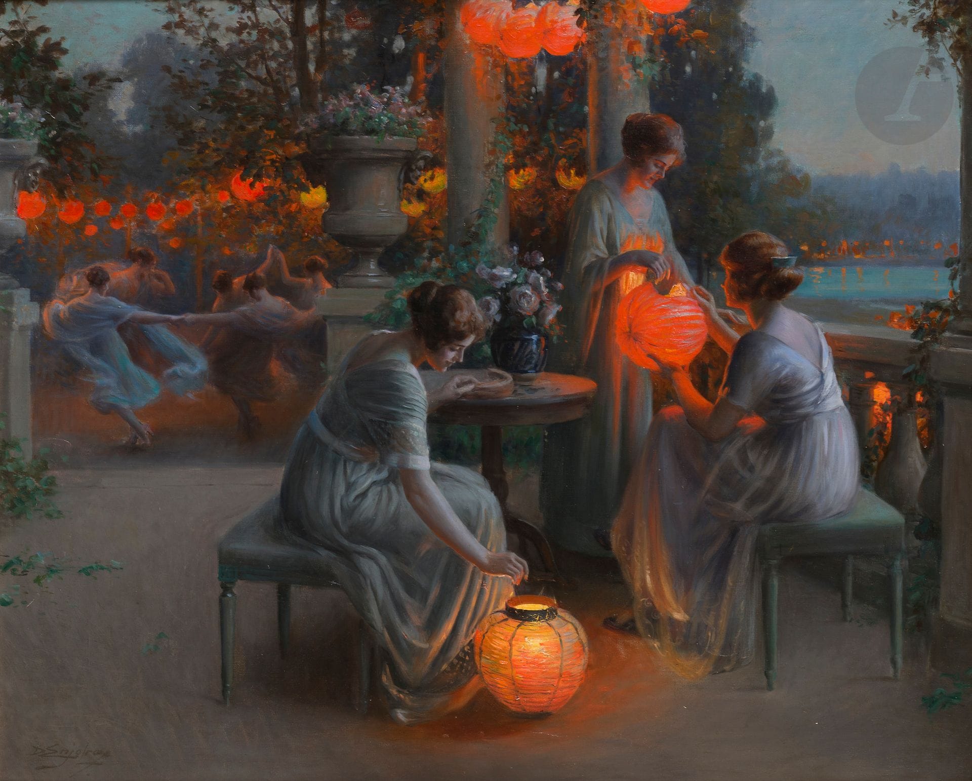 Delphin ENJOLRAS (1865-1945)
Femmes aux lanternes sur la terrasse 
Huile sur toile.
Signée en bas à gauche.
60 x 73 cm

Provenance : 
Léon Gérard, expert, Paris (tampon sur le châssis).