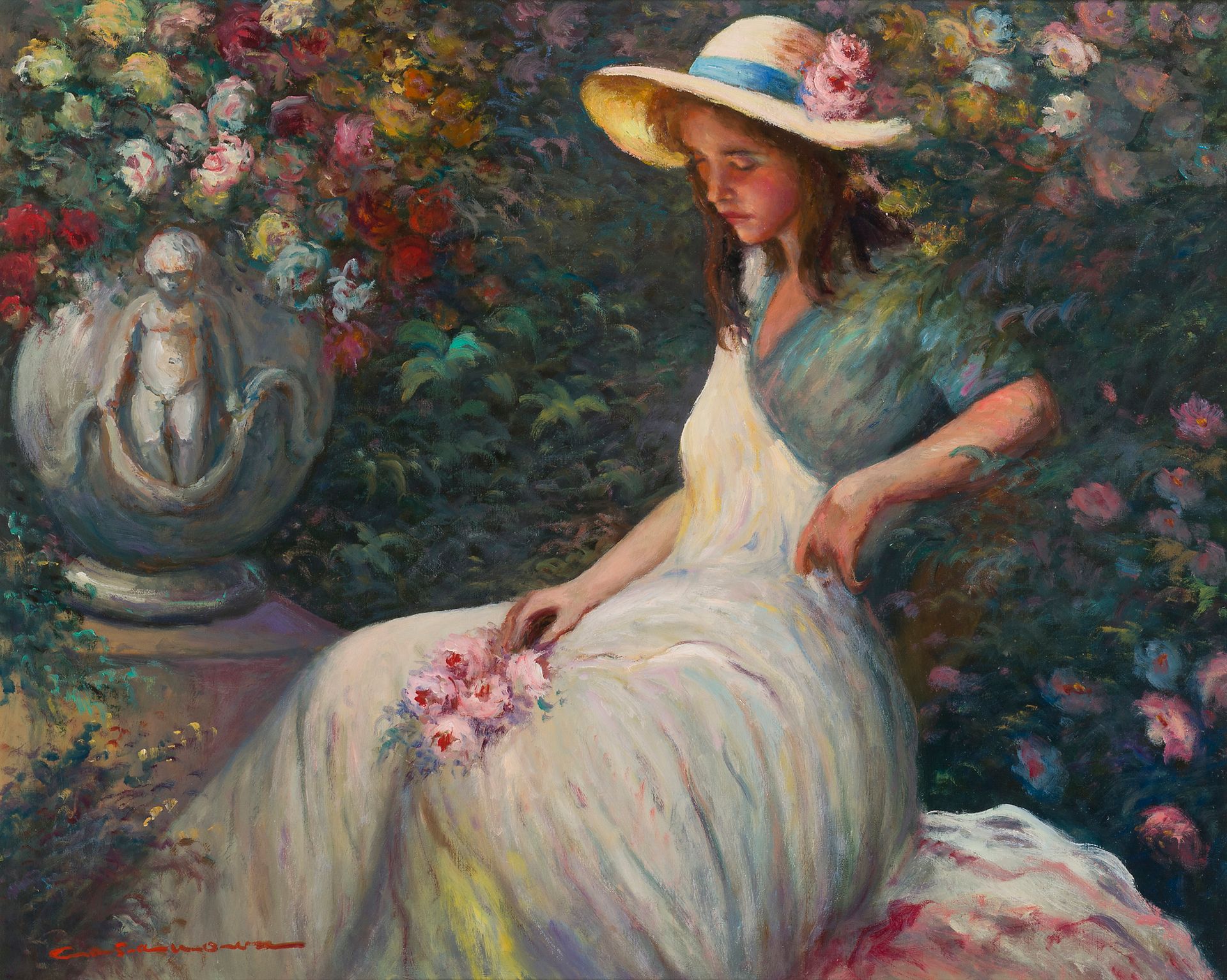 A. CASANOVA (XXth century)
Thoughtful woman with roses
Oil on canvas.
Signed lower left.
65 x 81 cm
