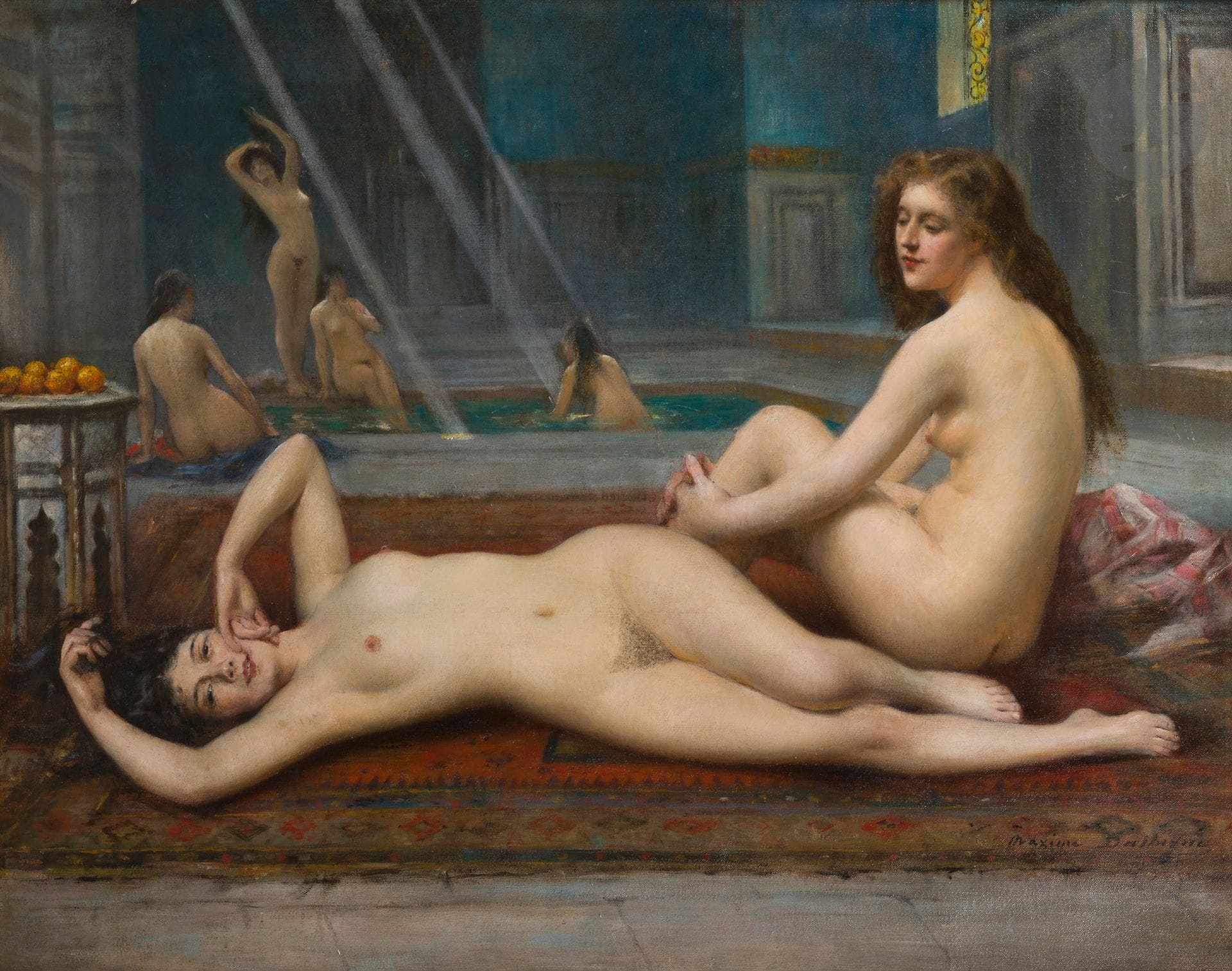 Maxime DASTUGUE (1851-1909)
Femmes au hammam
Huile sur toile.
Signée en bas à droite.
73 x 92 cm