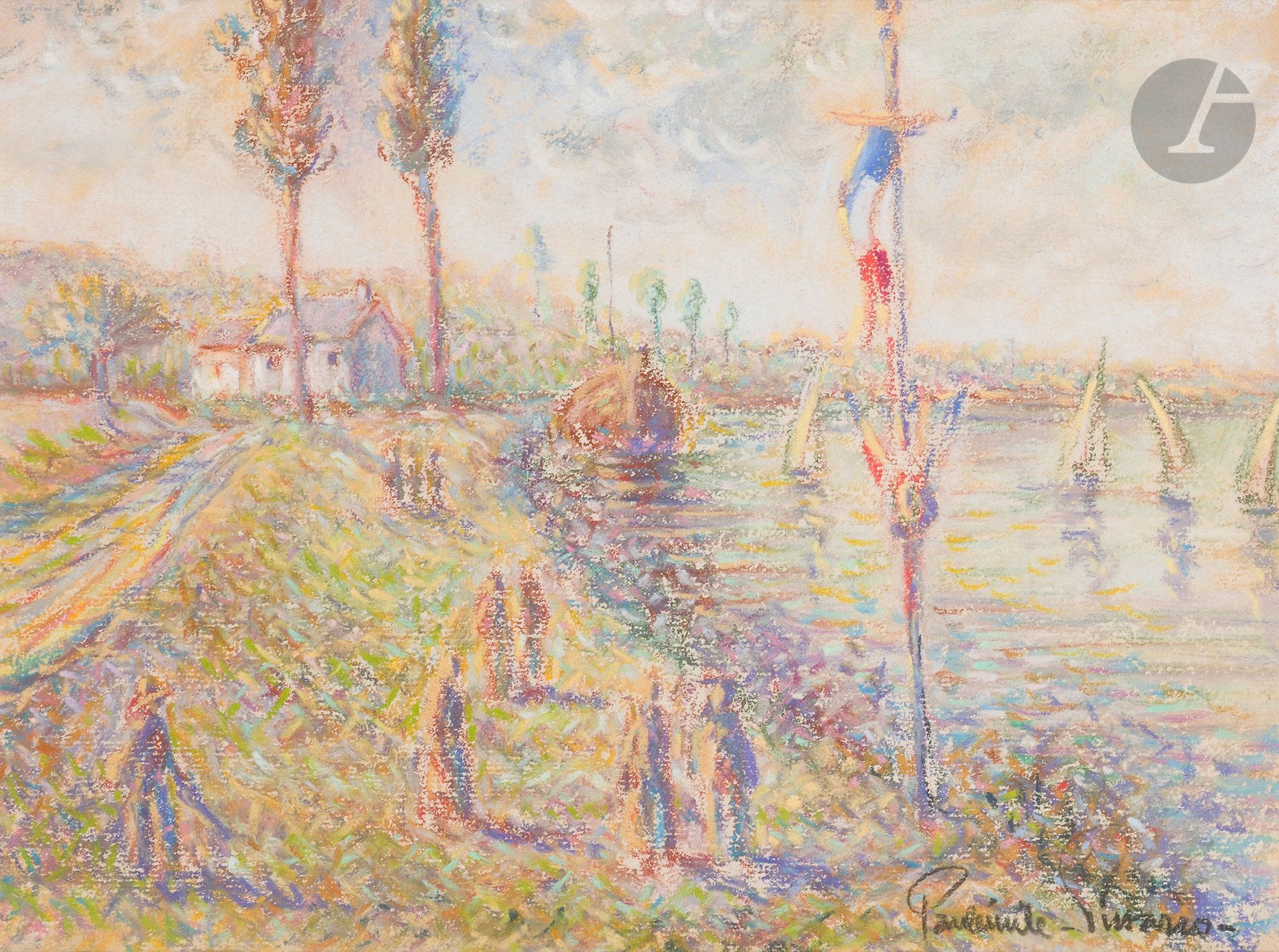 Paul Émile PISSARRO (1884-1972)
Les Berges au 14 juillet - Mère et filles sous le pommier - Paysan dans le verger - Rue de village animé
4 pastels.
Signés.
22 x 29 cm