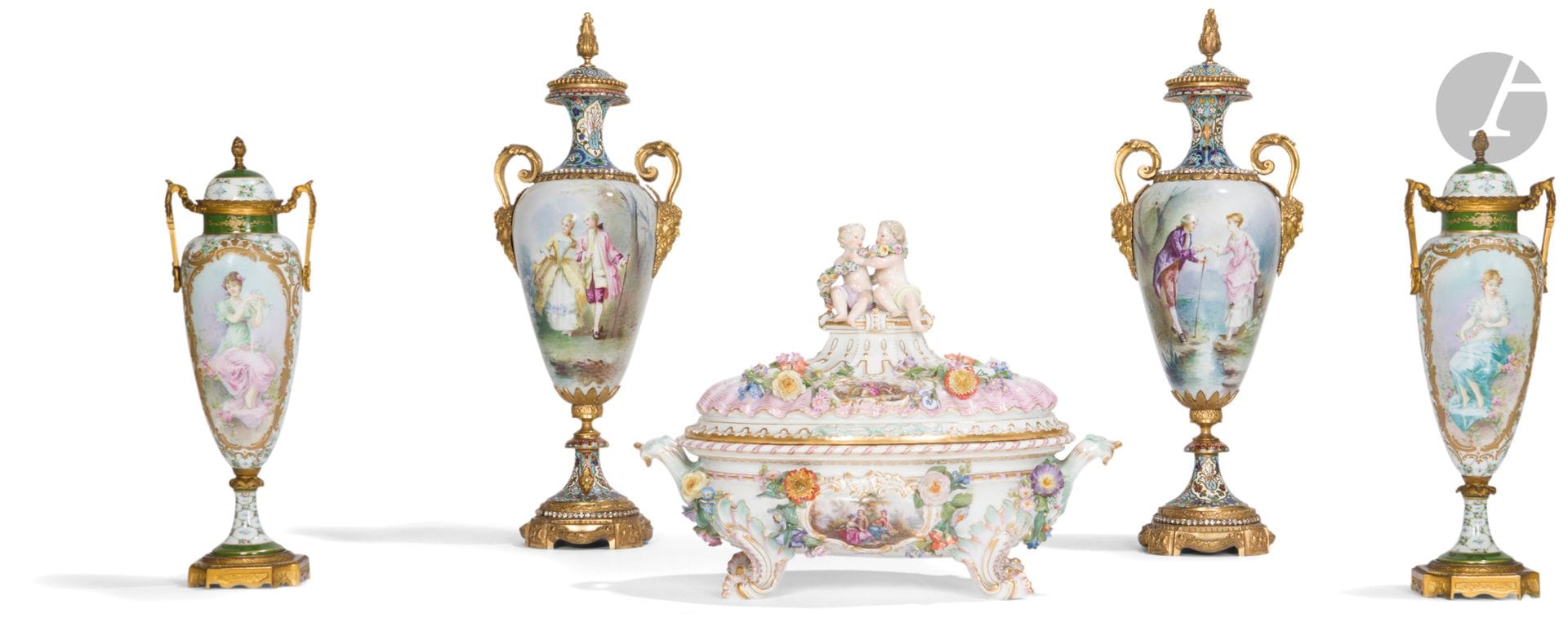 Paris and Germany
Four porcelain vases, enamel and gilt bronze with polychrome decoration of gallant scenes, an oval covered terrine in German porcelain with polychrome decoration of gallant couples, lovers and flowers in relief.
End of the 19th century. 
L of the bowl : 38 cm
H of the vases: 46 cm and 34 cm
