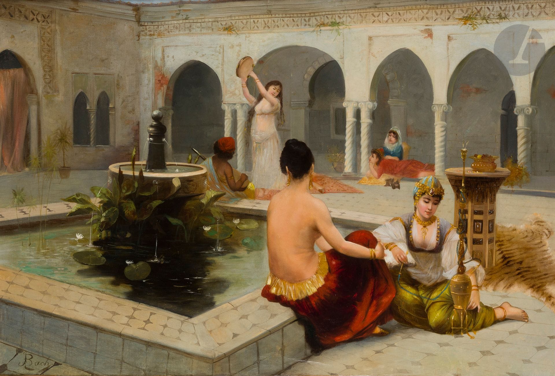 R. BACH (XIX-XXe siècle)
Le Bain oriental
Huile sur toile.
Signée en bas à gauche.
(Restaurations).
65 x 92 cm
