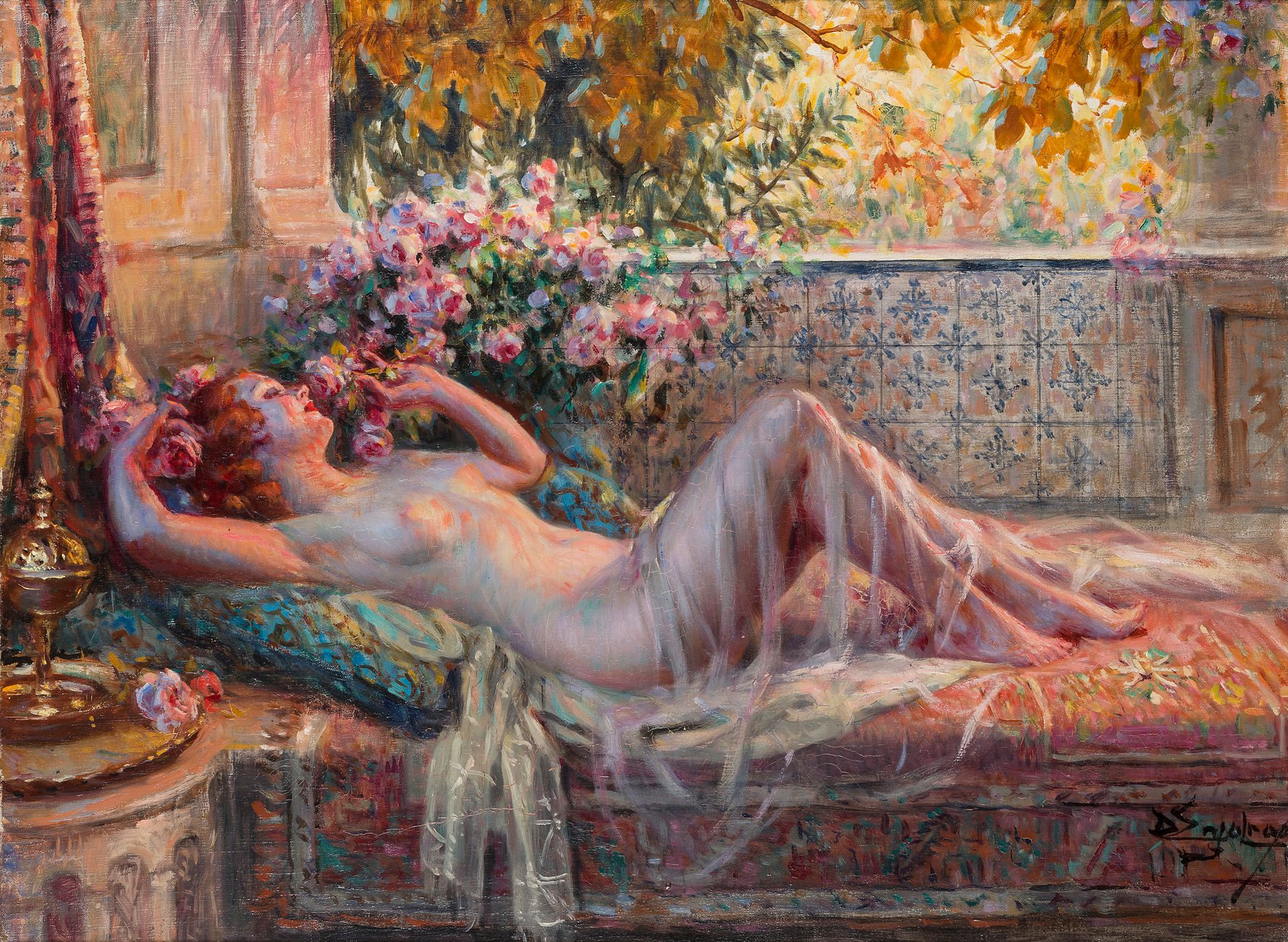 Delphin ENJOLRAS (1865-1945)
Nu alangui aus roses
Huile sur toile.
Signée en bas à droite.
54 x 73 cm