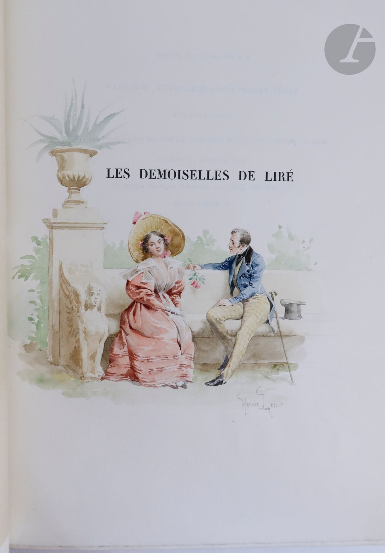 PERRET (Paul).
Les Demoiselles de Liré.
Paris : Boussod, Valadon et Cie, [1894]. — Grand in-4, 352 x 246 : frontispice, (2 ff.), 221 pp., (3 ff. dernier blanc), 16 planches, couverture imprimée. Veau rose, encadrement doré sur les plats, composé de filets et de quatre fleurons aux angles, dos à nerfs orné, roulette dorée intérieure, doublures et gardes de soie moirée bleue, doubles gardes, tranches dorées sur témoins, couverture et dos conservés, étui (Durvand).

Édition originale de ce roman d'aventures et d'amour de Paul Perret, se déroulant pendant la conspiration dite des Prouvaires sous Louis-Philippe et de la petite chouannerie de 1832.

L'illustration est constituée de 32 compositions, dont 8 têtes de chapitre, 8 culs-de-lampe et 16 hors-textes, gravées d'après les aquarelles et dessins réalisés par Maurice Leloir en collaboration avec Charles Delort. Les artistes reproduisent avec un très grand réalisme les gens, les modes, les attitudes, les toilettes des années 30. Toutes ces gravures sont sous serpente légendée en rouge.

UN DES 20 EXEMPLAIRES NUMÉROTÉS SUR PAPIER WHATMAN, avec toutes les illustrations spécialement tirées en couleurs et enrichis d'un frontispice à l'effigie et aux armes de la duchesse de Berry, lui aussi en couleurs, ainsi que d'une aquarelle originale signée de Maurice Leloir sur le faux titre.

Très bel exemplaire relié par Durvand.
Exemplaire très bien conservé si ce n'est le dos légèrement passé.