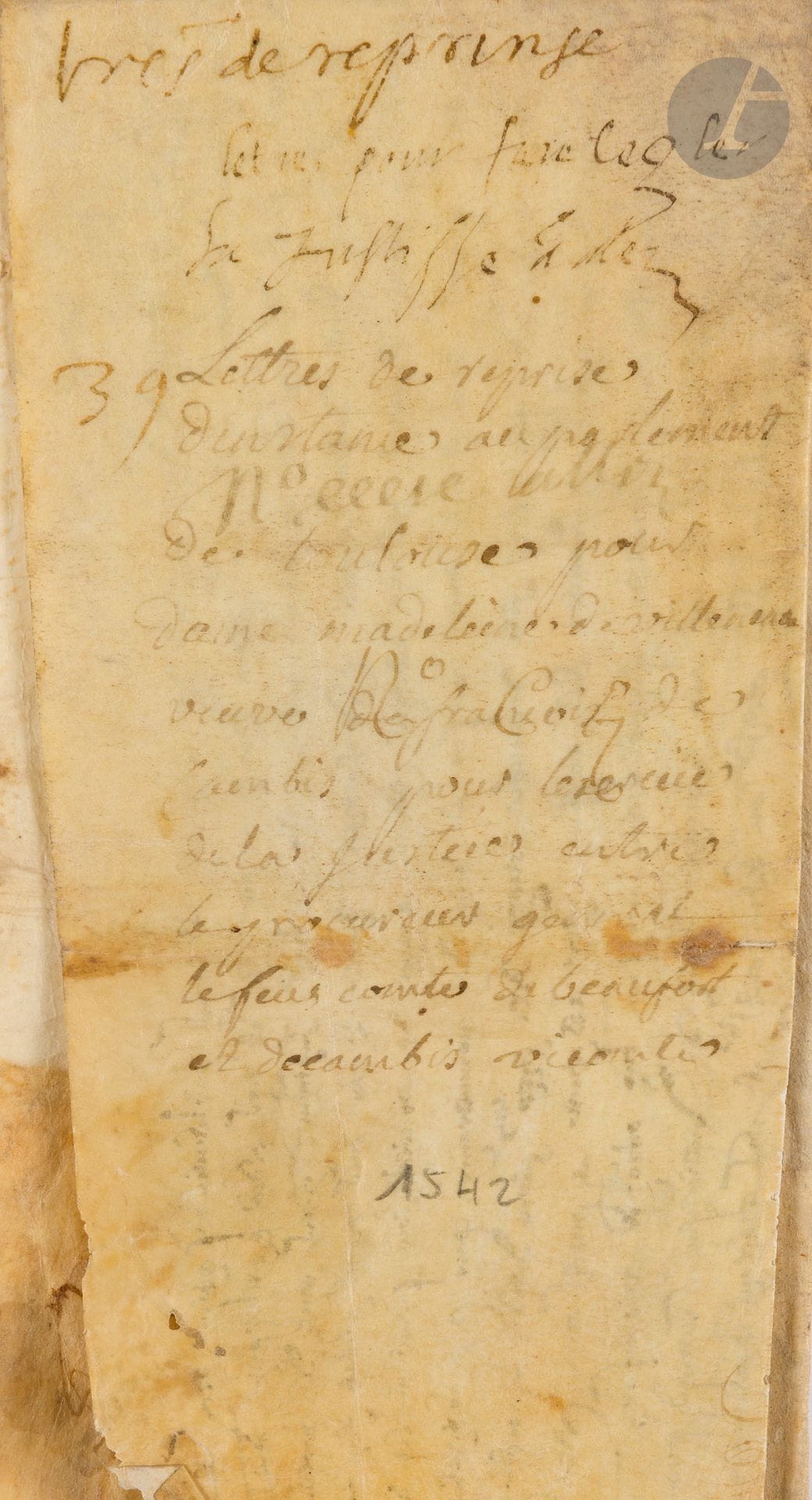 [HAUTE-GARONNE]. [TOULOUSE]
Lettres de reprise destinées au Parlement de Toulouse pour dame Madeleine de Villeneuve veuve de François de Cambis
En français, acte sur parchemin
France, Toulouse, 20 octobre 1583
Dimensions : 410 x 180 mm