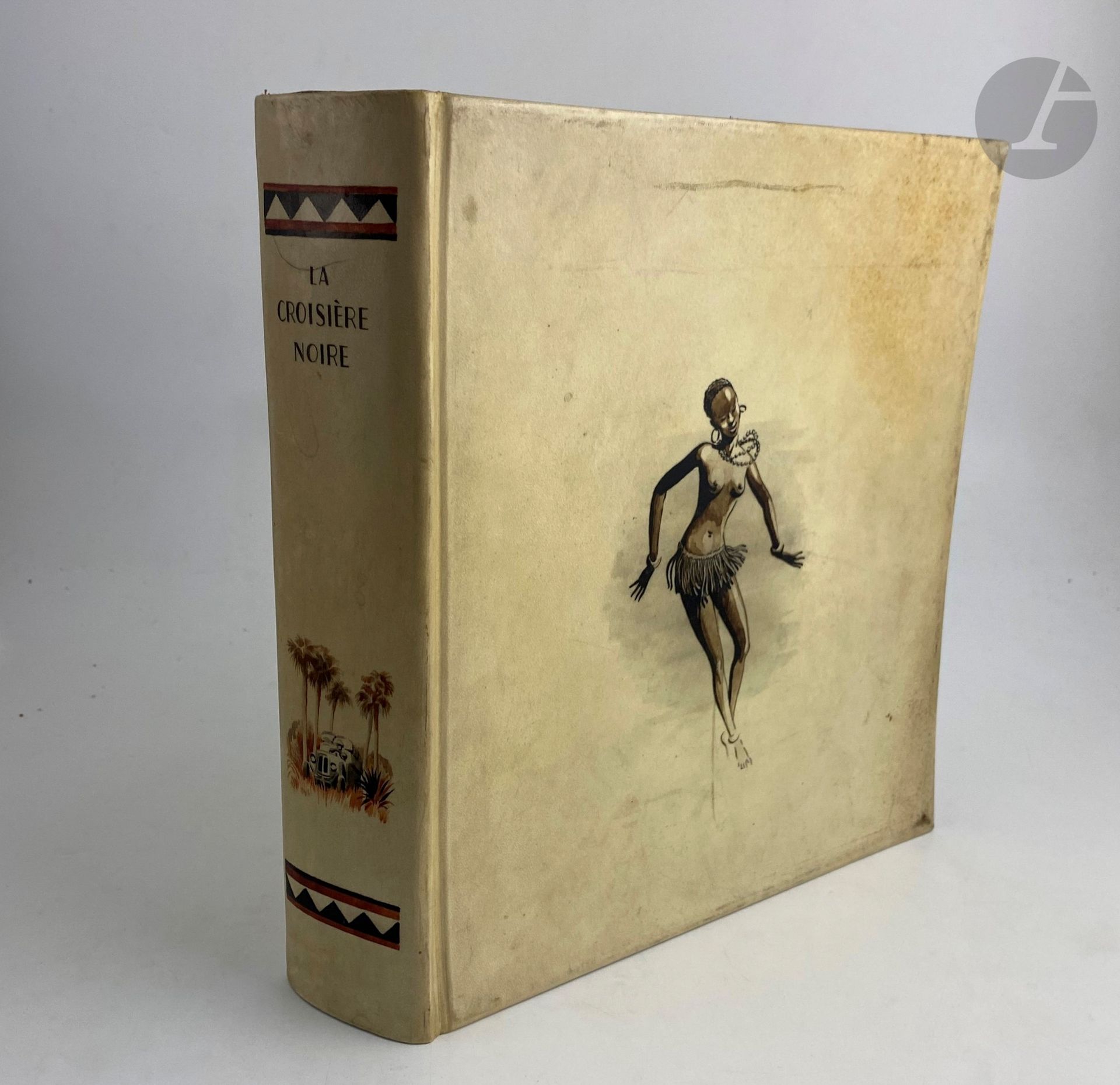HAARDT (Georges-Marie) - AUDOUIN-DUBREUIL (Louis).
La Croisière noire. Expédition Citroën Centre-Afrique. 
Paris : Librairie Plon, [1927]. — In-4, parchemin rigide, danseuse africaine peinte sur le premier plat, dos lisse orné d'un décor peint, non rogné, couverture et dos conservés (reliure de l'époque).

Édition originale tirée à 2500 exemplaires, du second raid automobile organisé en Centre-Afrique par André Citroën et mené par Georges-Marie Haardt et Louis Audouin-Dubreuil du 28 octobre 1924 au 26 juin 1925. Il succéda à celui organisé au Sahara en 1924-1925 et précéda celui qui se déroula en Asie en 1931-1932.

L'édition est illustrée d’ornements dessinés par Georges Tcherkessof, de la reproduction en frontispice du tableau de Iacovleff représentant les membres de l’expédition, d’un portrait hors texte d’André Citroën, de Georges-Marie Haardt, de Louis Audouin-Dubreuil et du commandant Bettembourg d’après les dessins de Iacovleff, de nombreuses photographies hors texte, reproduites en rotogravure d’après les clichés pris au cours du voyage, et de 4 cartes dont 3 en couleurs.

Un des 2000 exemplaires sur papier d'Alfa, enrichi d'un envoi autographe signé de Georges-Marie Haardt adressé à Pierre Plessis :
« A Pierre Plessis, // En témoignage du retour de la Croisière Noire // et en très cordial témoignage // Georges-Marie Haardt // 1928 »

Pierre Plessis l'offrit par la suite à Madame Roger Galtier, avec cet dédicace : « A Madame Roger Galtier // qui va faire de ma bibliothèque // une chambre d'enfants et pour que ce beau livre // reste dans la maison // Pierre-Plessis. »

Bel exemplaire en reliure peinte de l'époque.
Salissures à la reliure. Salissures et taches à la couverture.
Provenance : Pierre Plessis. - Madame Roger Galtier.