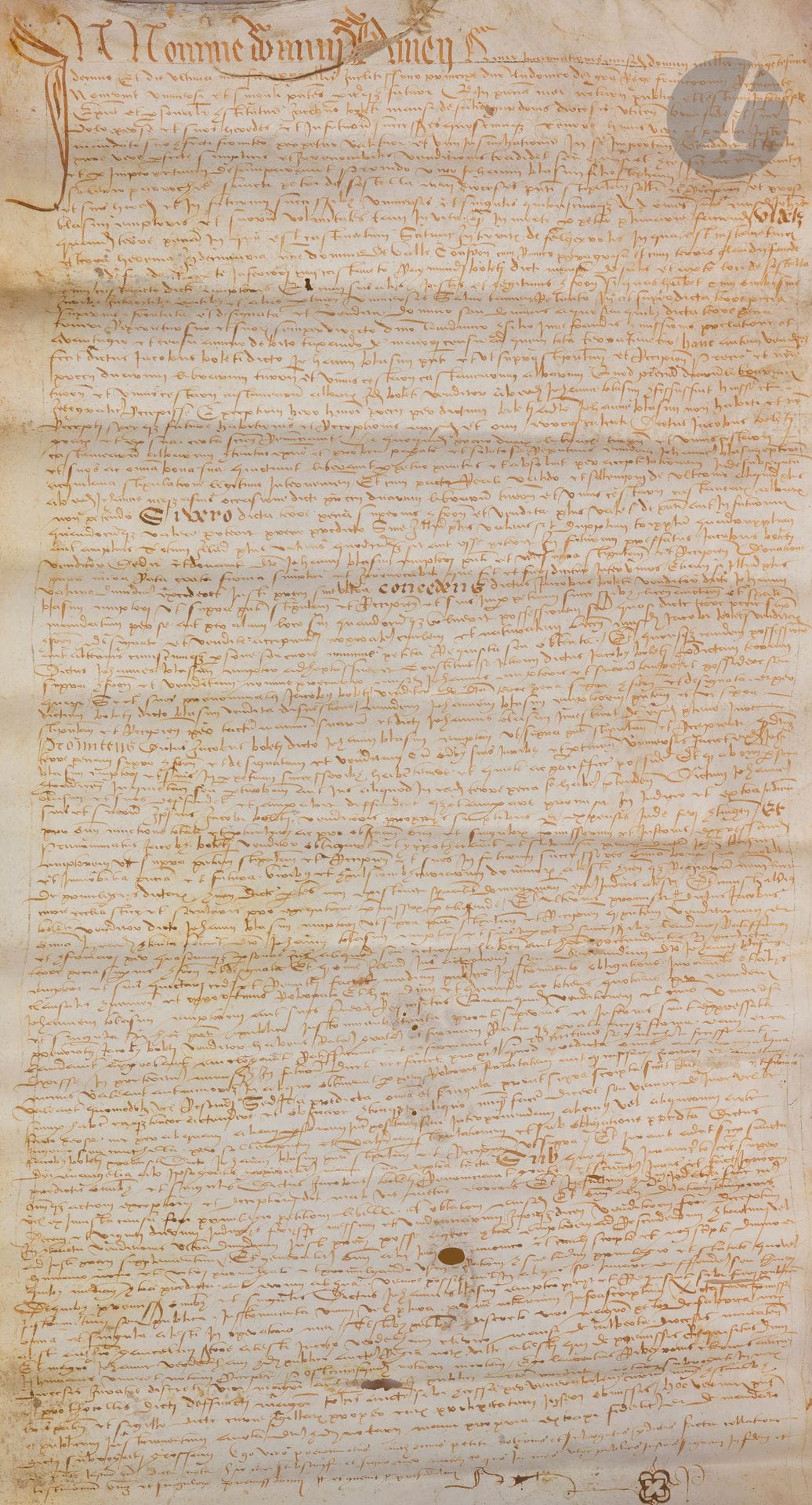 [LOZÈRE]. [FELGEROLLES].
Vente d’un « chastanet » situé à Felgérolles à Jean Blasuii (de Soustelle (Gard))
En latin, acte sur parchemin (quelques déchirures et trous au parchemin)
France, Alès (?), 1510 
Dimensions : 355 x 700 mm