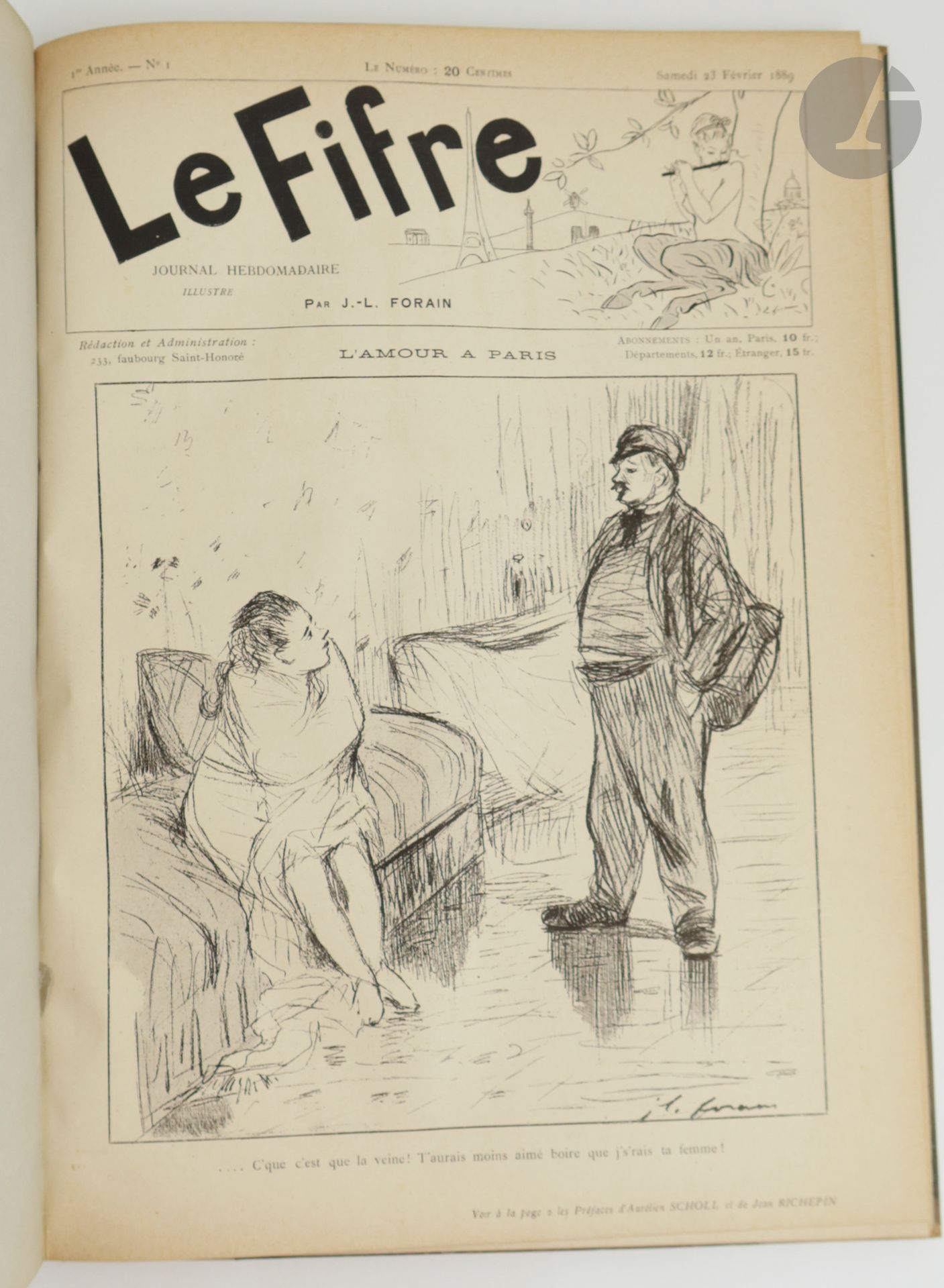 FORAIN (Jean-Louis).
Le Fifre. 
Paris, 23 février 1889-1er juin 1889. — 15 fascicules in-folio, demi-parchemin marbré à la bradel, dos lisse portant le nom de l'auteur et le titre en lettres calligraphiées à l'encre, couverture conservée (reliure du début du XXe siècle).

Collection complète de ce journal satirique créé et illustré par le peintre et illustrateur de presse Jean-Louis Forain (1852-1931), comprenant 15 numéros publiés entre le 23 février et 1er juin 1889.

L'artiste présentait ainsi son journal en page 2 du premier numéro : « Conter la vie de tous les jours, montrer les ridicules de certaines douleurs, la tristesse de bien des joies, et constater rudement quelquefois par quelle hypocrite façon le Vice tend à se manifester en nous : c'est mon projet. Chercheur fantaisiste, j'irai partout, m'efforçant de rendre d'un trait net et immédiat, aussi sincèrement que possible, les impressions et les émotions ressenties. Toujours joyeuses, ironiques souvent, ces notes viseront les travers contemporains, sans s'attaquer aux contemporains eux-mêmes ; mon avis étant que pour être intéressant et curieux il suffit largement à l'artiste d'étudier son temps. »

Ont collaboré à ce journal, en dehors de Jean-Louis Forain, Armand Silvestre, Émile André, Jean Richepin, Paul Masson, Paul Hervieu, Jacques Le Lorrain, etc. 

Bon exemplaire, complet de la rare couverture générale grise imprimée.
Salissures à la couverture.