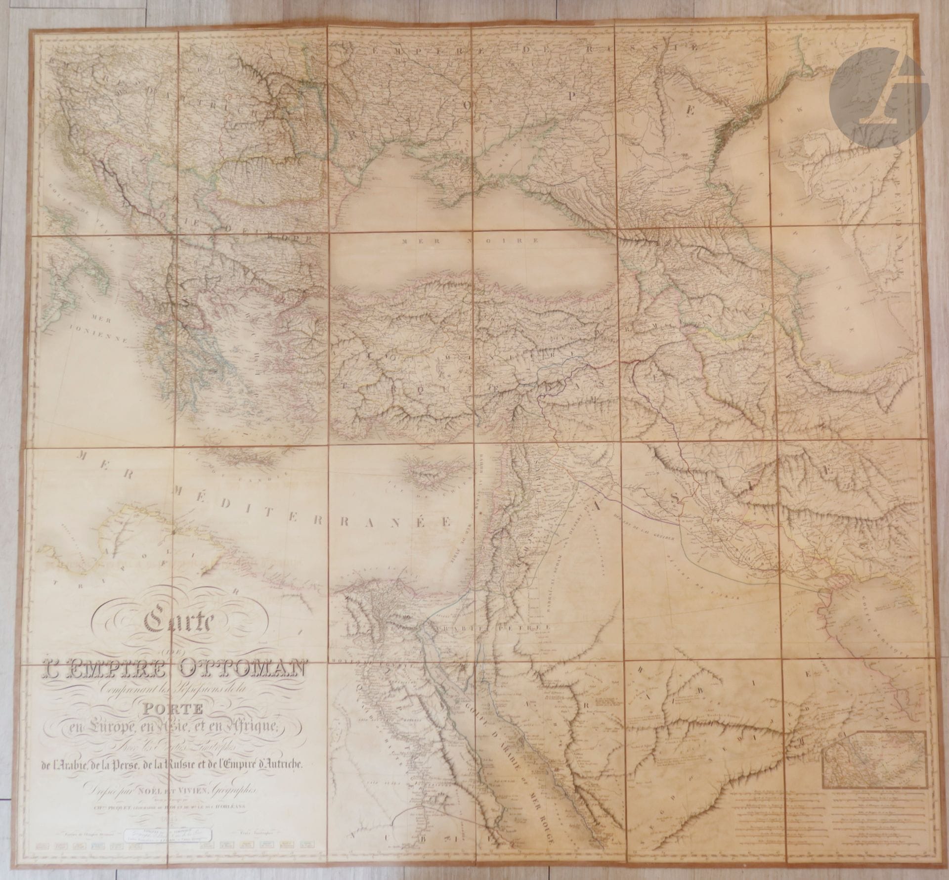 NOËL (A. D.) - VIVIEN DE SAINT-MARTIN (Louis) - PICQUET (Charles).
Map of the Ottoman Empire Comprising the Possessions of the Porte in Europe, Asia, and Africa; with the Limiting Parts of Arabia, Persia, Russia and the Empire of Austria. Drawn up by Noël and Vivien, Geographers ; Revised and corrected by Chles Picquet, geographer of the king and of Mgr the duke of Orleans.
Paris: Longuet, successor of Simonneau, 1845. - Map 1055 x 1139, cloth-backed and folded, in publisher's folder and slipcase.

Very nice and large color map of the Ottoman Empire.
Copy divided into 24 sections mounted on cloth, very well preserved despite some wear to the case.