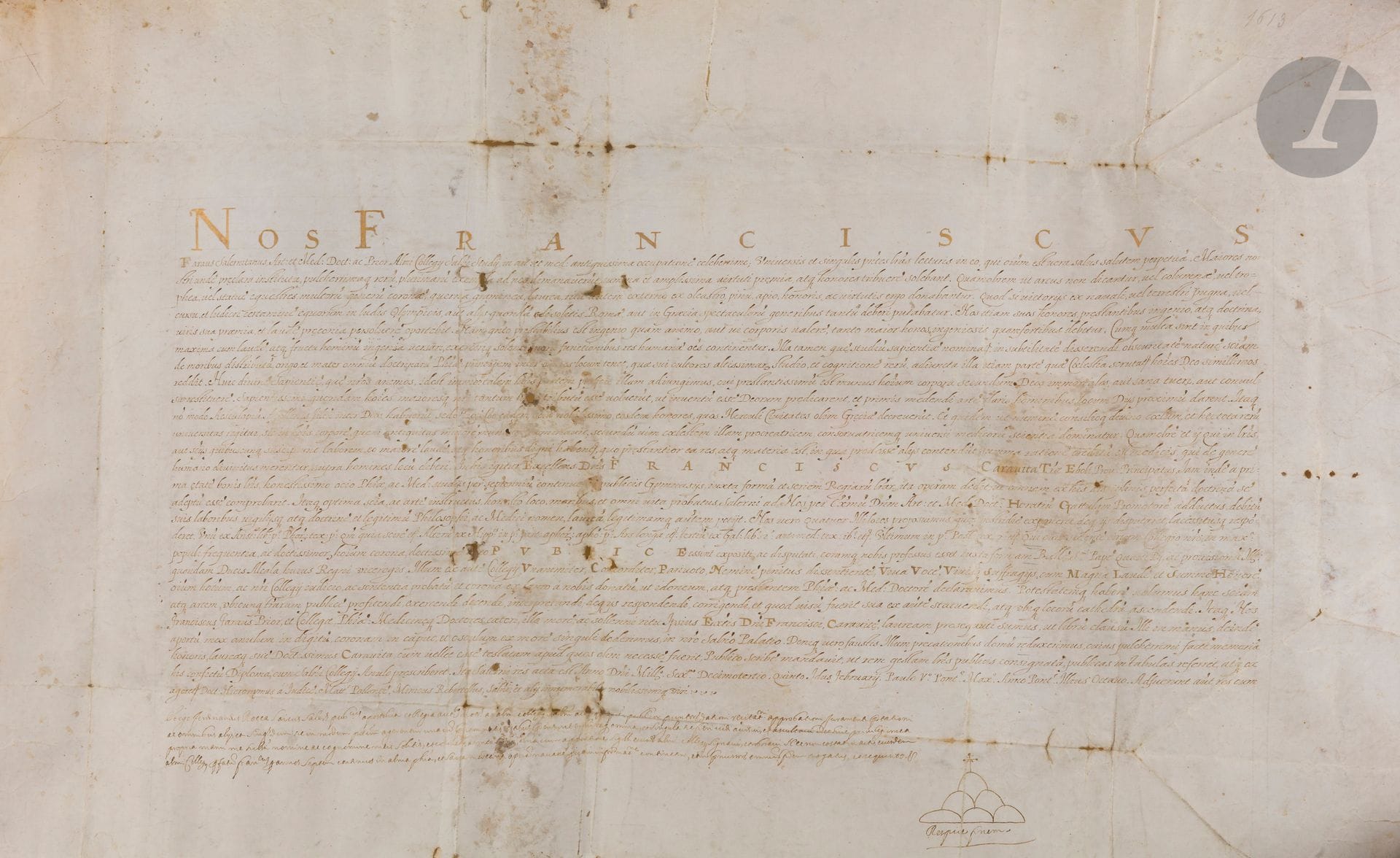 [ITALIE].
Diplôme du collège de Salerne (philosophie et médecine) conféré à Franciscus Caravita par Franciscus Faraus
En latin, acte sur parchemin (remploi, parchemin ayant servi à une reliure)
Italie, Salerne, 1615
Dimensions : 786 x 460 mm
