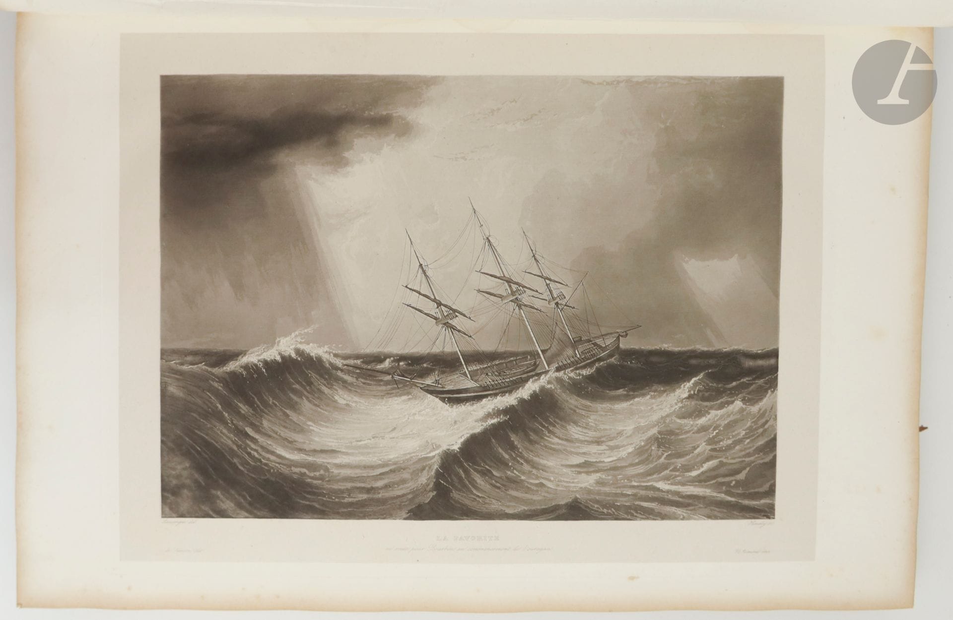 LAPLACE (Cyrille Pierre Théodore).
Voyage autour du monde par les mers de l'Inde et de la Chine de La Corvette de Sa Majesté La Favorite exécuté pendant les années 1830, 1831, 1832 sous le commandement de M. Laplace… et publié par ordre de M. le vice-amiral Cte de Rigny. Album historique gravé et publié par les soins et sous la direction de M. de Sainson dessinateur du voyage de l'astrolabe.
Paris : Arthus Bertrand, 1835. — Album in-folio, demi-veau havane, dos à nerfs orné, tranches mouchetées (reliure de l'époque).

Album historique seul, sans les volumes de texte ni celui de l'Atlas hydrographique, du récit du voyage autour du mode entrepris par l'explorateur Cyrille Pierre Théodore Laplace (1793-1875) de 1830 à 1834.

Il comprend 72 planches en noir gravées à l'aquatinte et tirées sur chine collé, d'après les dessins de Barthélémy Lauvergne (1805-1871), peintre, dessinateur et lithographe de la marine française, Pâris, et Louis Auguste de Sainson (1801-1887) sous la direction de qui l'édition a été faite. Le titre est illustrée d'une vignette gravée sur bois par Porret d'après Sainson.

Reliure très abîmées, importants manques au dos. Bon état intérieur malgré des rousseurs ne touchant cependant que très rarement le papier de Chine des planches.