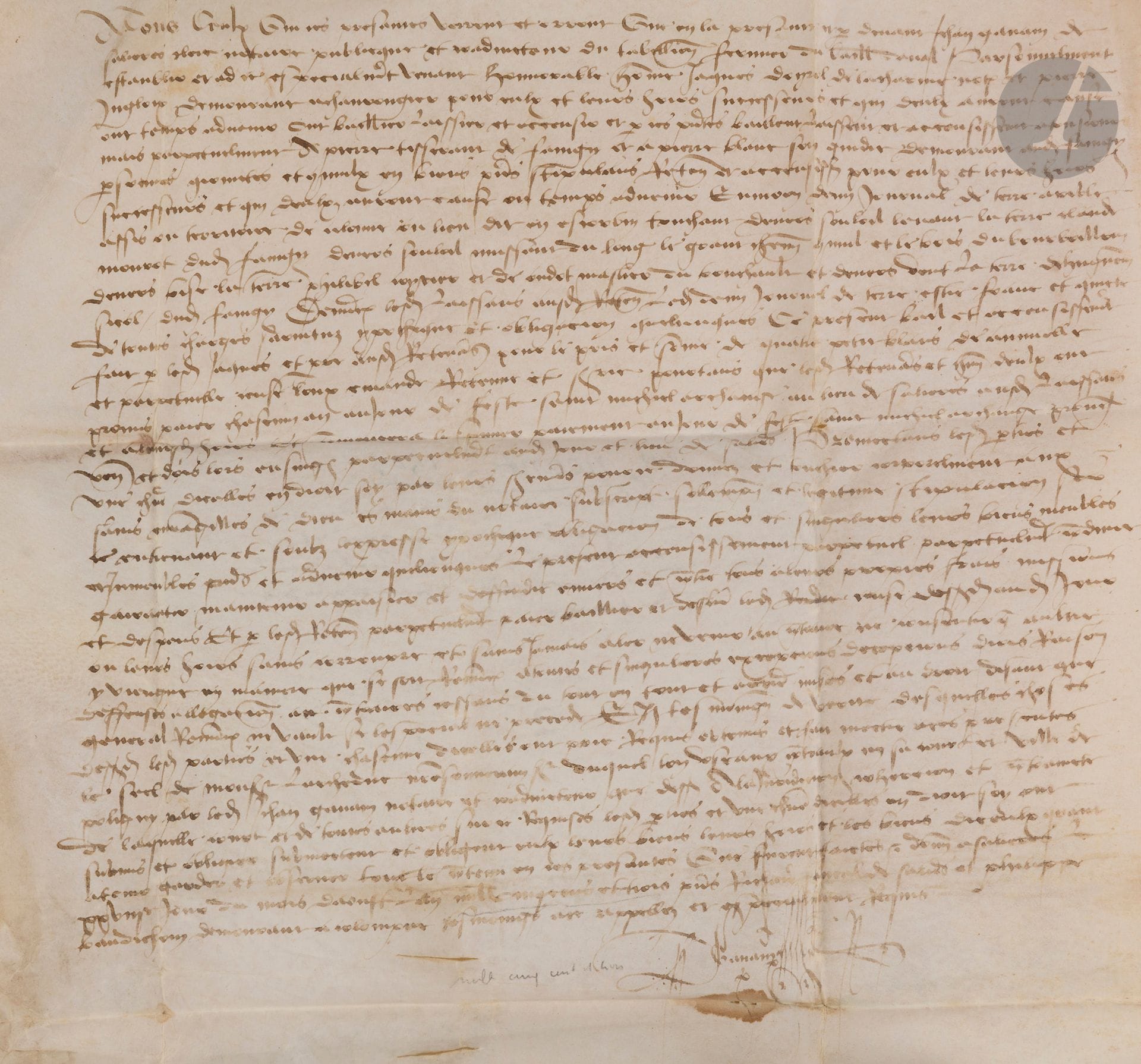 [JURA]. [FANGY]. [POLIGNY]
Lettres d’acquêt de terres sises à Fangy, et au lieu-dit « Les Escoubins »
En français, acte sur parchemin
France, Poligny, 1503
Dimensions : 260 x 330 mm