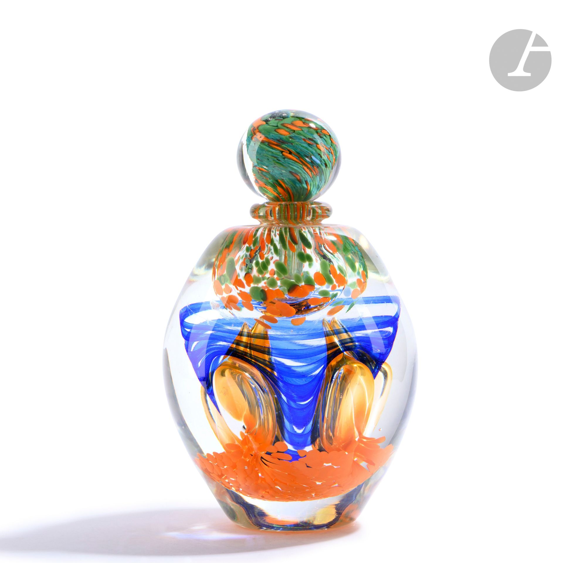 Jean-Claude NOVARO (France, 1943-2014)
Blown glass bottle decorated with bright colors. Signed and dated 1994 under the base. H. 24 cm - D. 14 cm