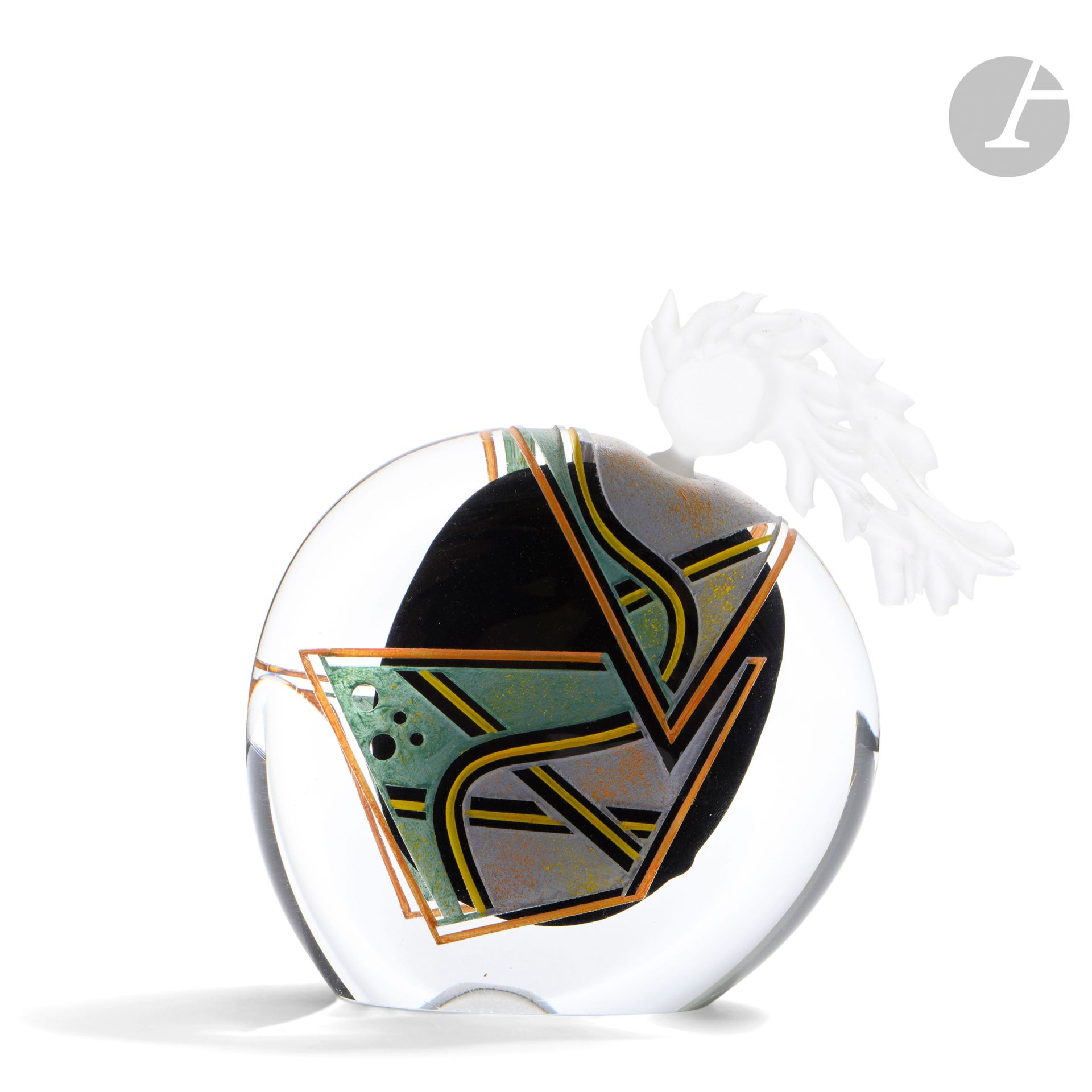 Régis and Gisèle FIEVET (France, born in 1948 and 1951)
Océane
Bottle in blown glass, with geometrical decoration cut then enamelled of bright colors, and its sandblasted stopper. H. 16 cm - L. 15 cm - D. 6 cm