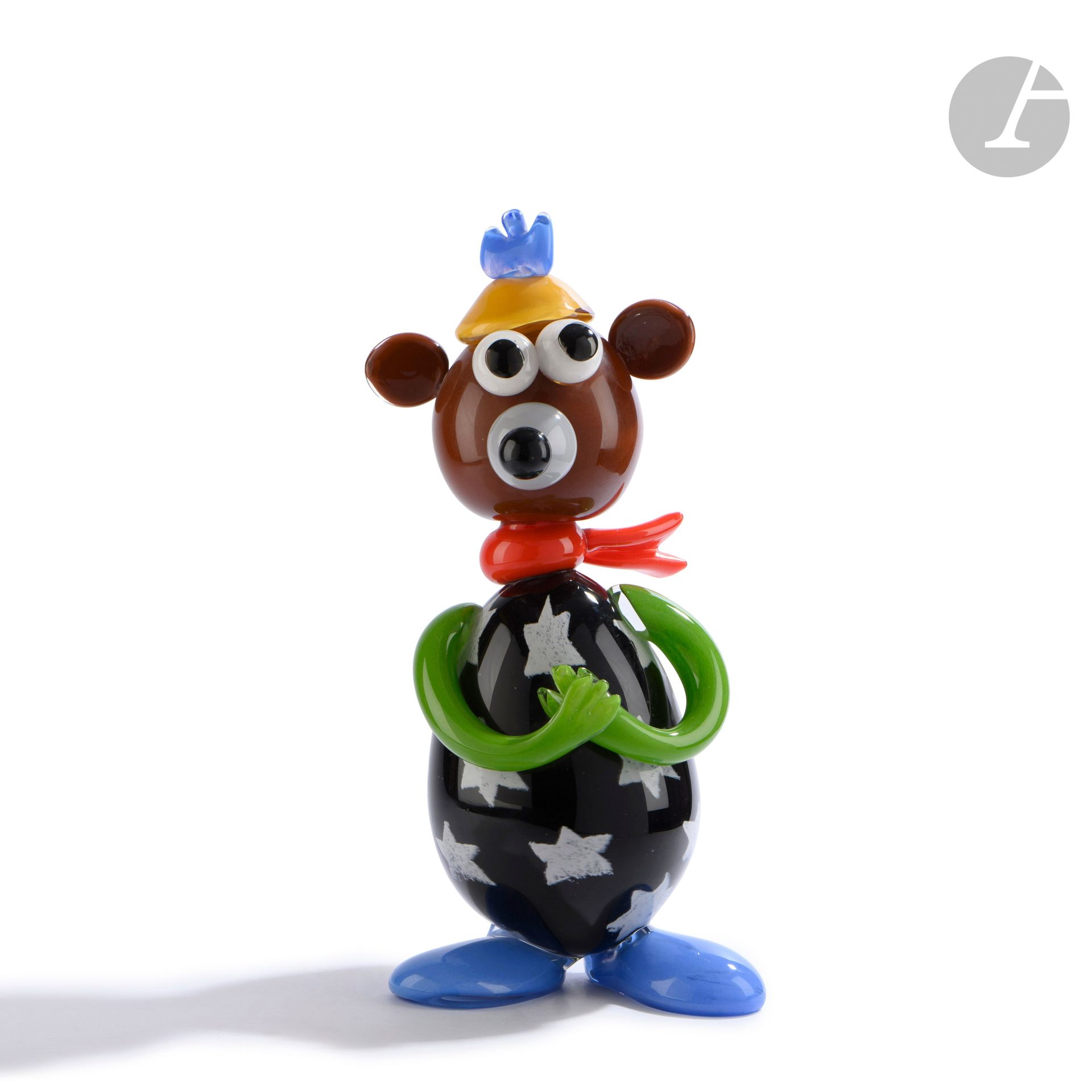 Élisabeth DECOBERT and Francis BÉGOU (France, 20th century)
Large polychrome blown glass sculpture representing an animal in festive dress. Signed and dated 2002 on the back. H. 41 cm - W. 20 cm - D. 15 cm