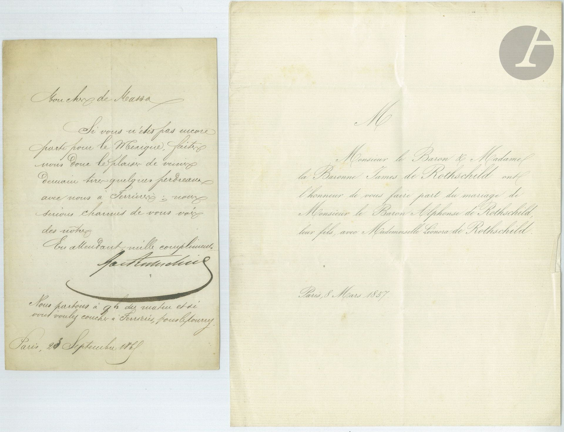 [ROTHSCHILD - VENERY]
Baron James de ROTHSCHILD (1792-1868). L.S., Paris September 23, 1861, to the Duke of Massa; 1 page in-8.
Invitation to come "to shoot some partridges with us at Ferrières", if he has not left yet for Mexico...
Enclosed is the announcement of the marriage of his son Alphonse to his cousin Léonora de Rothschild, March 8, 1857 in Paris; and 2 documents concerning the acquisition of a house in Ferrières by Baron Édouard (1926).