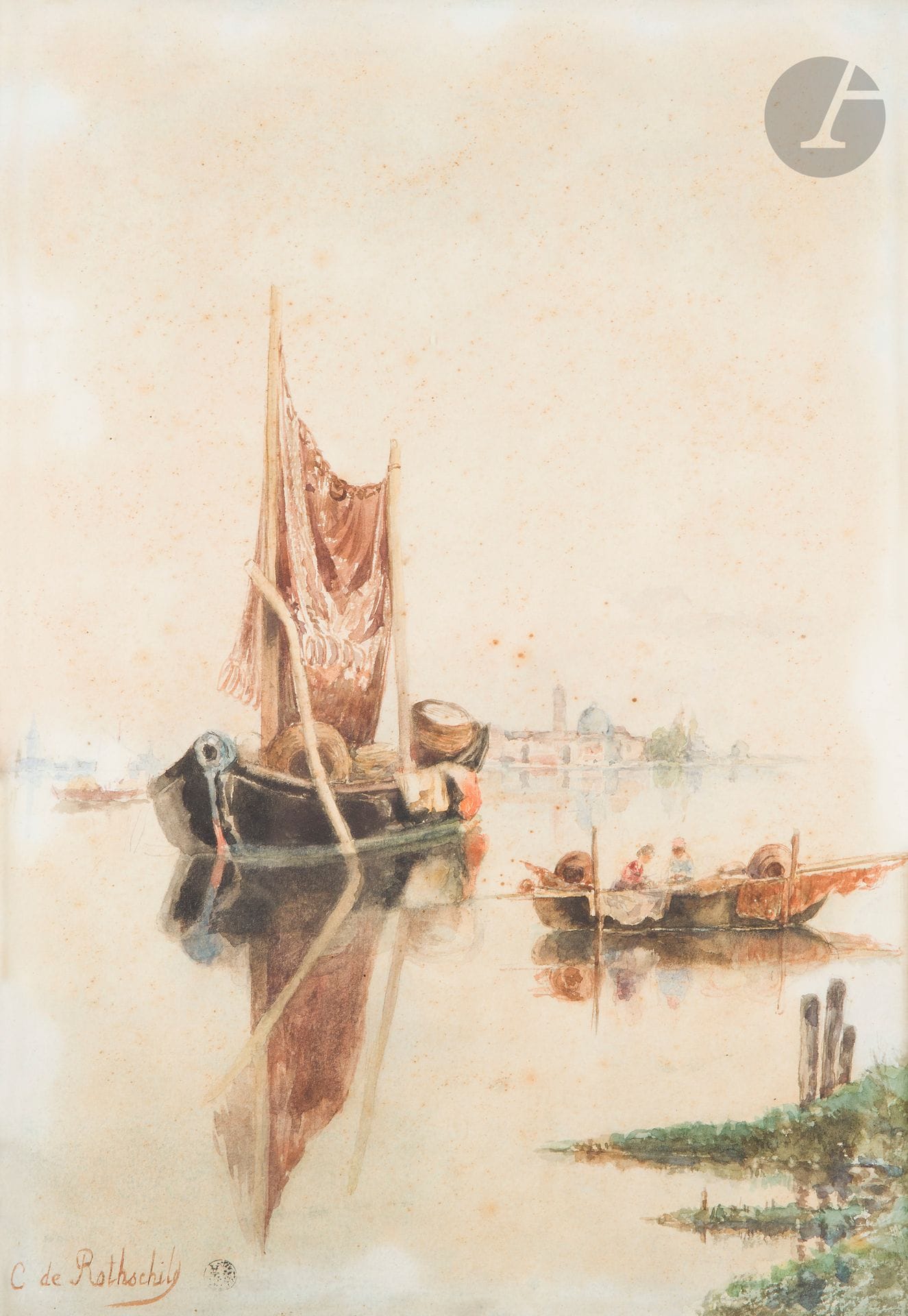 [FAMILLE ROTHSCHILD]
Charlotte Nathaniel de ROTHSCHILD (1825-1899)
Venise, les pêcheurs sur la lagune
Aquarelle.
Signée en bas à gauche. Cachet de collection.
(Rousseurs).
35 x 24 cm