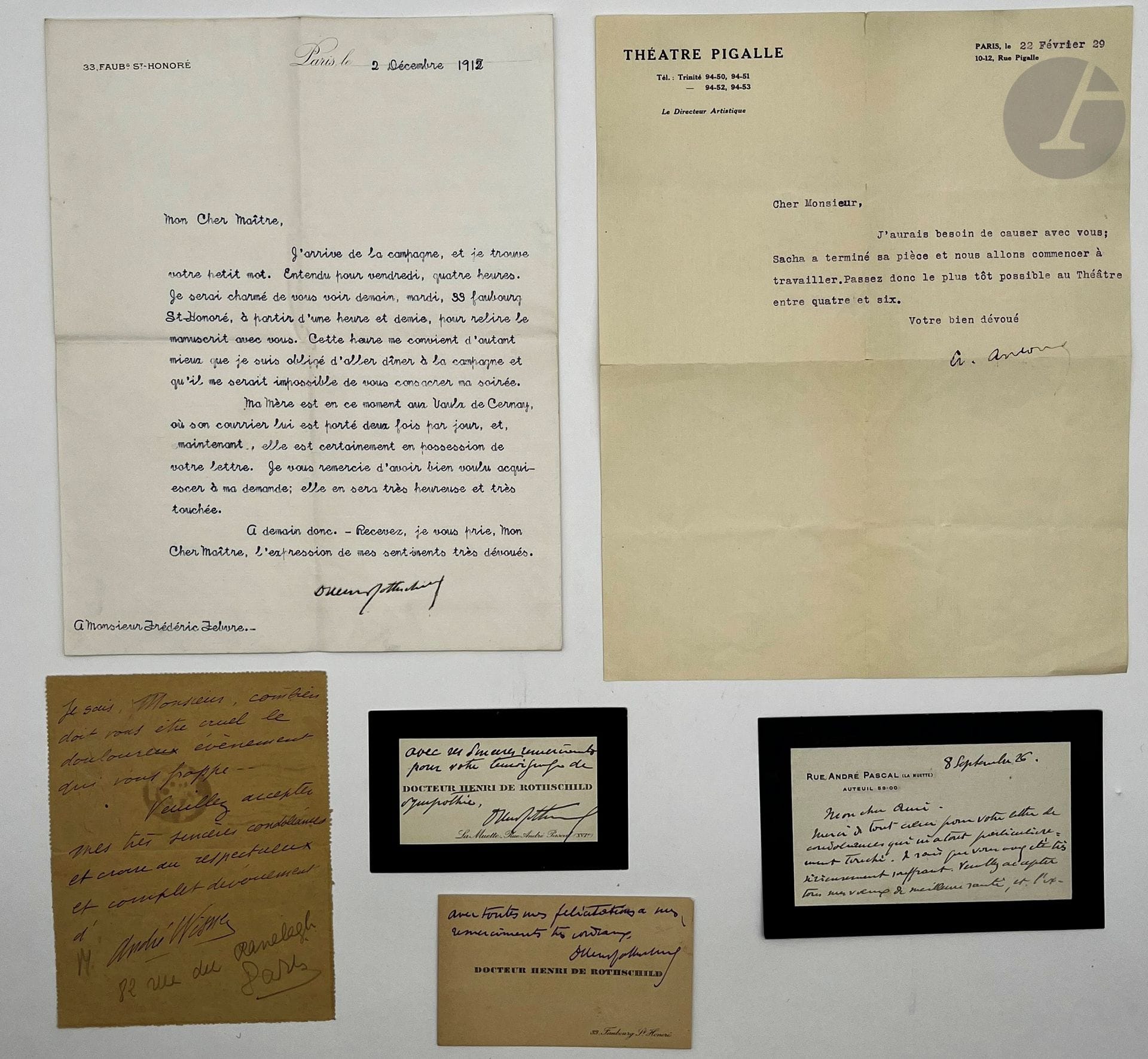 [HENRI DE ROTHSCHILD -THÉÂTRE]
Baron Henri de ROTHSCHILD (1872-1947). L.S., Paris 2 décembre 1912, à l’acteur Frédéric Febvre ; 1 page in-4 à l’adresse 33 Faubourg Saint-Honoré. 
Il lui donne rendez-vous pour lire ensemble le manuscrit. Sa mère (Thérèse, baronne James Nathan), est aux Vaulx de Cernay…
On joint une carte a.s. (La Muette 8 septembre 1926, deuil), remerciant pour des condoléances (mort de sa femme), et 2 cartes de visite a.s. ; plus une l.s. d’André Antoine à en-tête du Théâtre Pigalle ; et une l.a.s. d’André Wisme adressée au baron (1931).