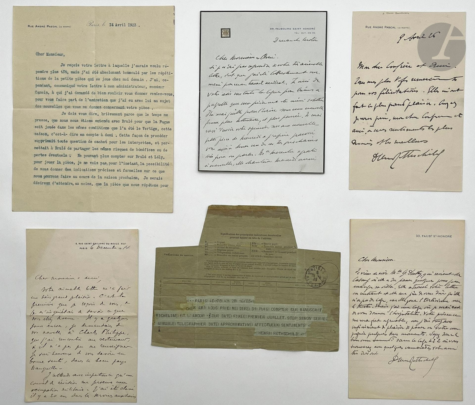[HENRI DE ROTHSCHILD -THÉÂTRE]
Baron Henri de ROTHSCHILD (1872-1947). 3 L.A.S. et une L.S., [à Henri Duvernois] ; 3 pages et demie in-8, 2 à l’adresse 33, Faubourg Saint-Honoré, et 2 à celle Rue André Pascal (La Muette).
Invitation dans sa loge pour voir l’Arlésienne où joue Mlle Darthy de retour de Cabourg. – Dimanche matin. Il est surmené par son travail médical. « Je suis de votre avis sur toute la ligne pour Crésus et je regrette que ma pièce ait été ainsi sabottée. J’en serai quitte pour l’écrire sous une nouvelle forme plus littéraire, et plus pensée »… – 14 avril 1923, discussions sur la représentation de la pièce de Duvernois la Fugue. – 9 avril 1926, remerciant pour ses félicitations. Plus un télégramme (1928).
On joint une lettre d’un secrétaire, 6 décembre 1914, donnant des nouvelles du baron Henri qui « s’est beaucoup fatigué à Dinard, où il avait été chargé d’organiser un service médical »…