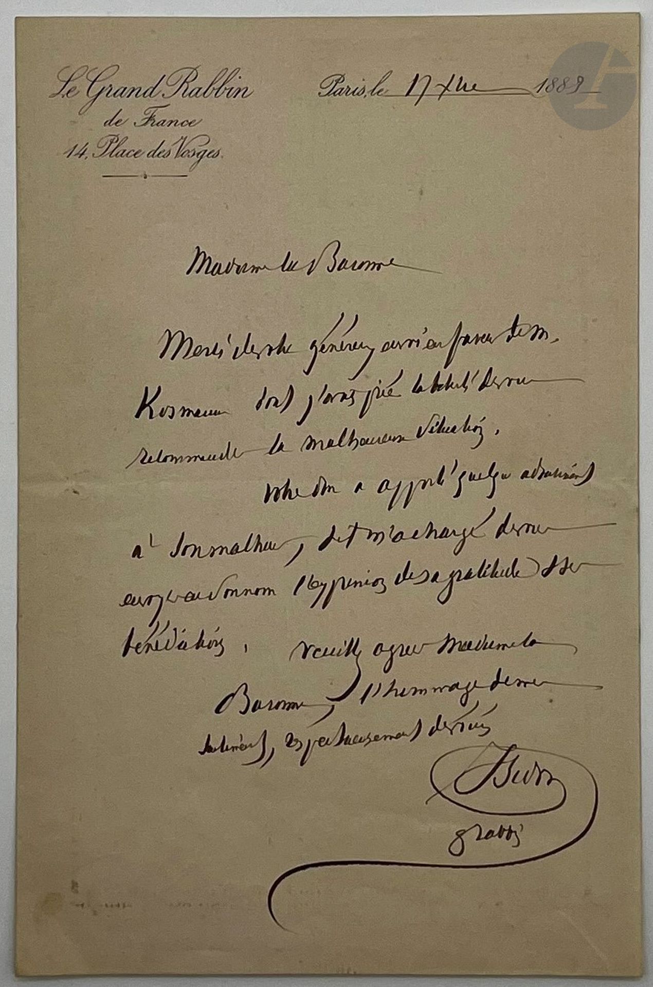[FAMILLE ROTHSCHILD]
Lazare ISIDOR (1813-1888) grand-rabbin de France. L.A.S., Paris 17 décembre 1883, à la baronne James Édouard (Thérèse) de Rothschild ; 1 page in-8, en-tête Le Grand Rabbin de France.
Il remercie la baronne de l’aide qu’elle a apportée à M. Kormann, dont il lui avait indiqué « la malheureuse situation »…