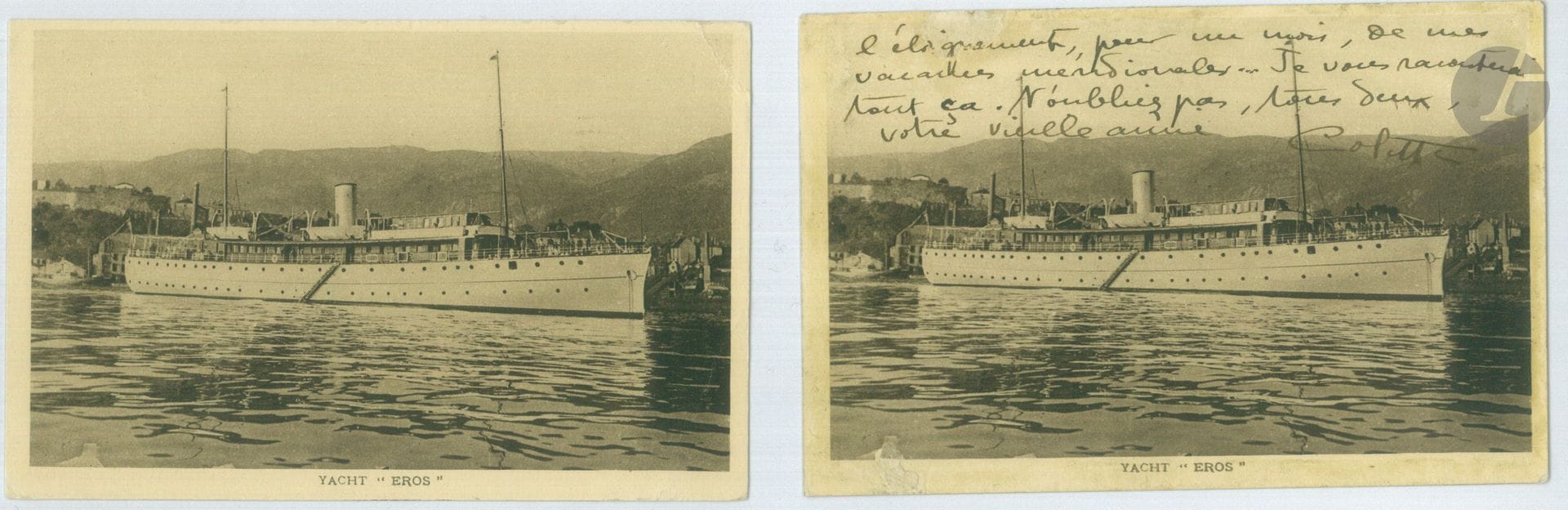 [HENRI DE ROTHSCHILD - EROS IV]
COLETTE (1873-1954). L.A.S., [juillet 1930], à un ami ; carte postale écrite au recto et verso du Yacht “Eros”.
Elle est en croisière à bord du yacht du baron Henri de Rothschild l’Eros : « le bateau est bien beau, mais nous quittons Copenhague pour Bergen et même, si Dieu veut, pour le Cap Nord… et le “Patron” du bateau est la tranquillité même. Je ne m’y attendais pas, à ce voyage. Et le ménage Léopold Marchand, non moins que Maurice Goudeket, me rendent doux la mer amère, la tempête dans les eaux danoises, et l’éloignement, pour un mois, de mes rocailles méridionales »…
On joint une deuxième carte postale du yacht “Eros”.
