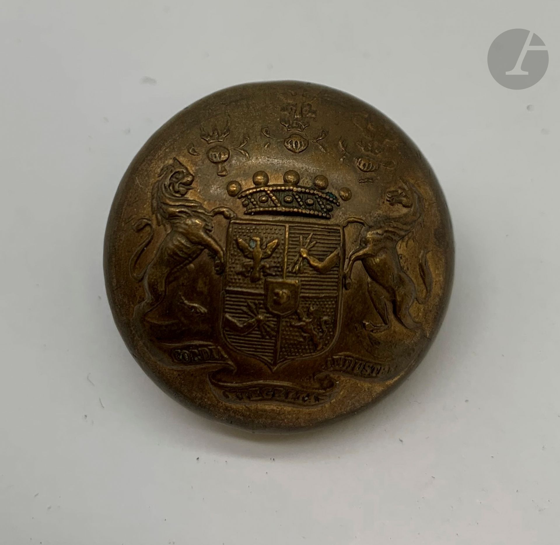 [ROTHSCHILD - VÉNERIE]
Bouton de livrée grande taille, bombé, aux armoiries des Rothschild. 
Marqué au verso «28  E.C.M. Paris».
Laiton estampé et doré.
D : 3 cm