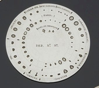 Plaque des poinçons de la marque en cuivre argenté  des poinçons de 1809 à 1819.
Diamètre : 8 cm