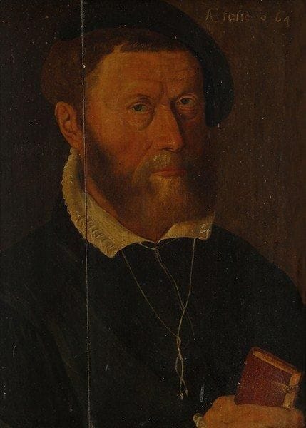 Ecole flamande vers 1600
Portrait d'homme au livre. Panneau, deux planches de chêne non parqueté. 43 x 32 cm. Fentes et restaurations.