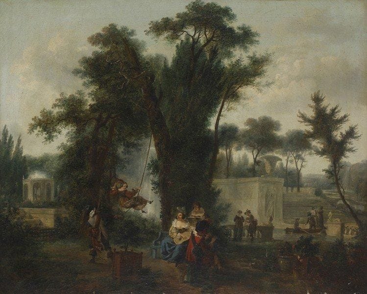 Jean Louis DEMARNE (Bruxelles 1752 - Paris 1829)
Les Jeux dans un jardin. Toile  Accident. 59 x 72,5 cm.  Elève du peintre d'histoire Gabriel Briard,  Jean-Louis Demarne s'inspire comme  Nicolas-Antoine Taunay et Jean-Frederic Schall,  des peintres hollandais, en pleine vogue à Paris au début du XIXe siècle. Il effectue d'ailleurs avec Taunay un séjour en Suisse après son agrégation à l'Académie en 1783. Les noeuds des costumes des cavaliers dans Les joyeux mousquetaires  (Panneau, 28 x 34 cm) ou Corps-de-garde transformé en sal de bal (Panneau, 49 x 55,5 cm conservé à la Wallace collection de Londres) rappellent ceux des oeuvres de Pieter Codde ou d'Anthonie Palamedesz (voir J. Watelin, Le peintre J.-L. De Marne 1752-1829, Paris, 1962, n° 859, reproduit n° LXI et n° 844). « L'évident pastiche de la peinture hollandaise » associé aux visages souriants des jeunes femmes rapprochent aussi notre oeuvre des Galants militaires et de son pendant le Corps de garde (21 x 16 cm) deux toiles, non localisées, anciennement attribuées à Taunay et que Madame Lebrun-Jouve rend à Demarne en comparaison avec le tableau de la Wallace Collection (voir C. Lebrun-Jouve, Nicolas-Antoine Taunay  (1755 - 1830), Paris, 2003, P.R. 29 et P.R.30, reproduit).
