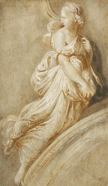 Ecole française du XVIIIe siècle
Femme drapée, étude pour un encadrement de porte. Dessin au crayon, sanguine et rehauts de gouache. Marque de collection DB en bas à gauche. Accidents et restaurations. 30 x 18 cm.